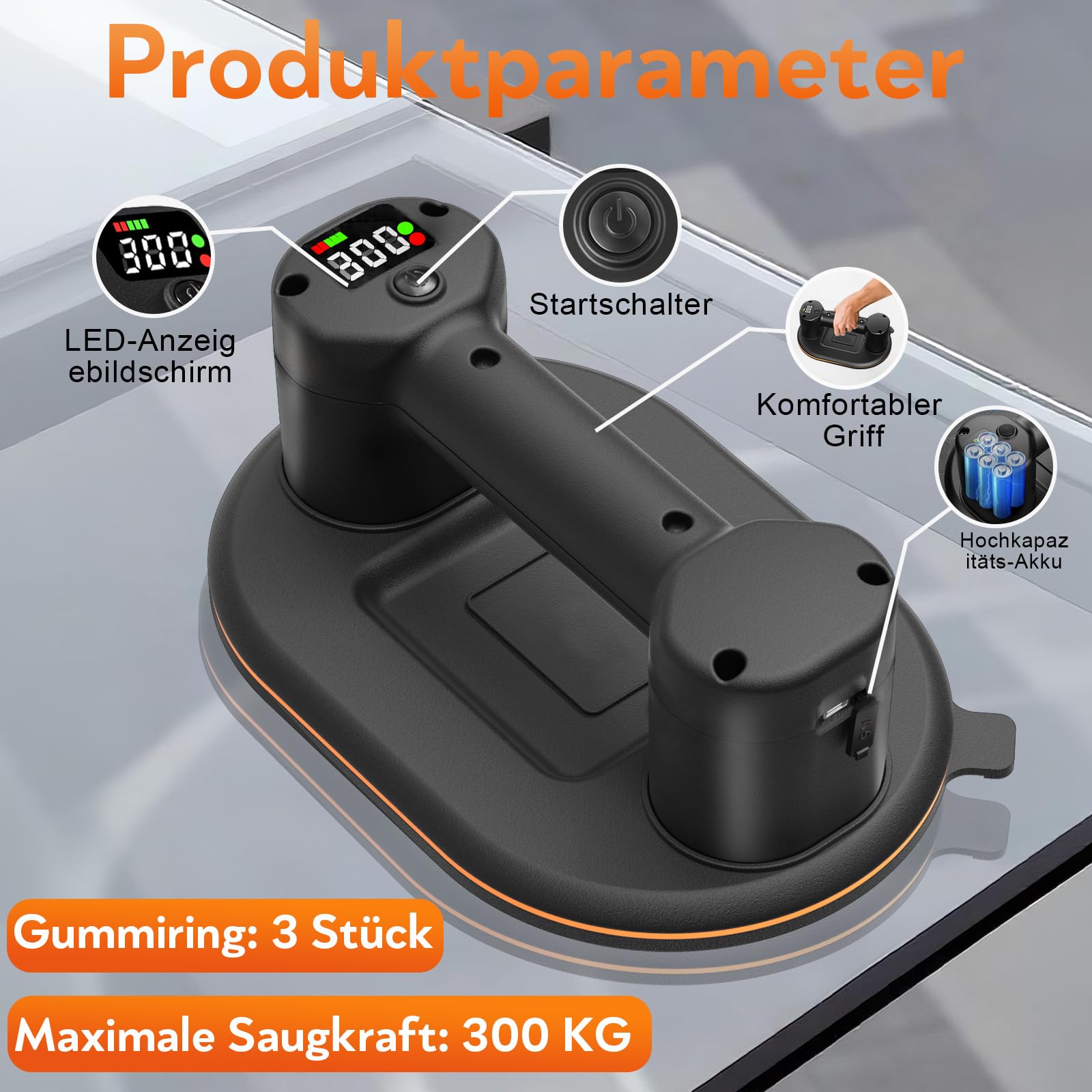 2 Stück Akku Saugheber, 300kg Saugkraft Saugheber Fliesen Akku mit Doppelmotor, LCD-Display, 4000 mAh integrierter Lithium-Ionen-Akku, Durchmesser 24 cm, Saugheber Akku für Fliesen, Glas, Marmor