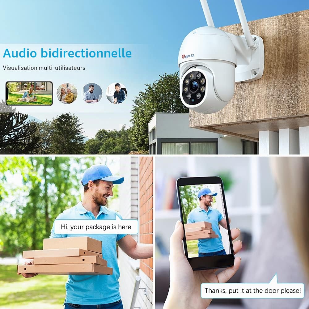 Ctronics 4MP Caméra Surveillance WiFi Extérieure 2.4/5Ghz WiFi PTZ Caméra IP Vision Nocturne Couleur Détection Humaine Suivi Automatique Audio Bidirectionnel Étanche IP66 | PTZ Caméra IP Vision Nocturne Couleur Détection Humaine Suivi Automatique Audio Bi