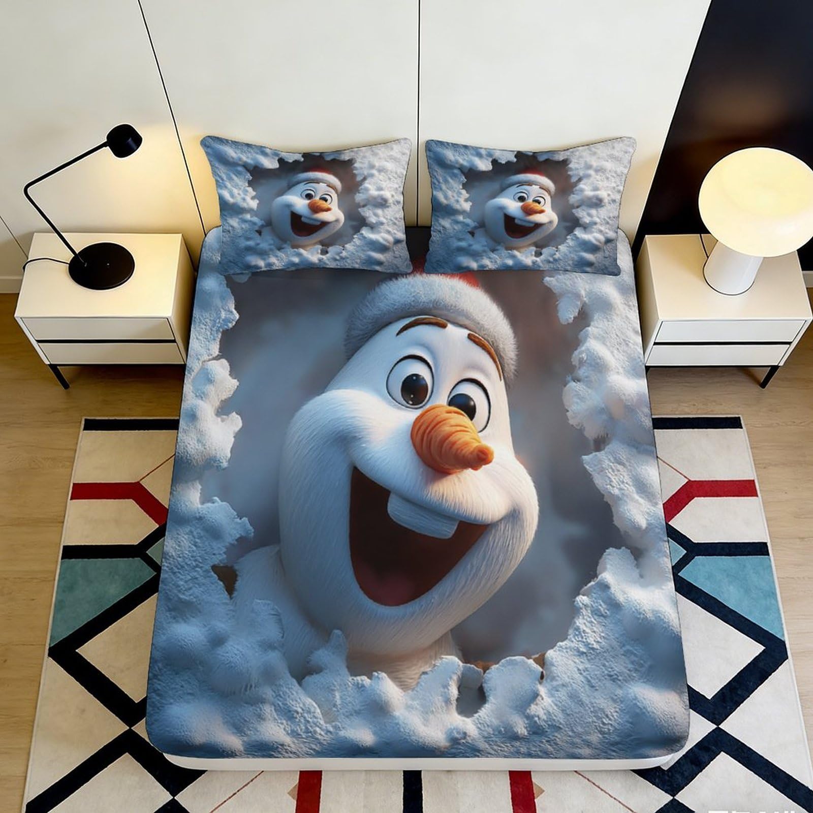 3D Printed Christmas Snowman Fitted Sheet Microfiber Soft Breathable Winter Snow Mattress Cover for Bedroom Dormitory Guest Room Mattress Protection Decor 160x200x25cm