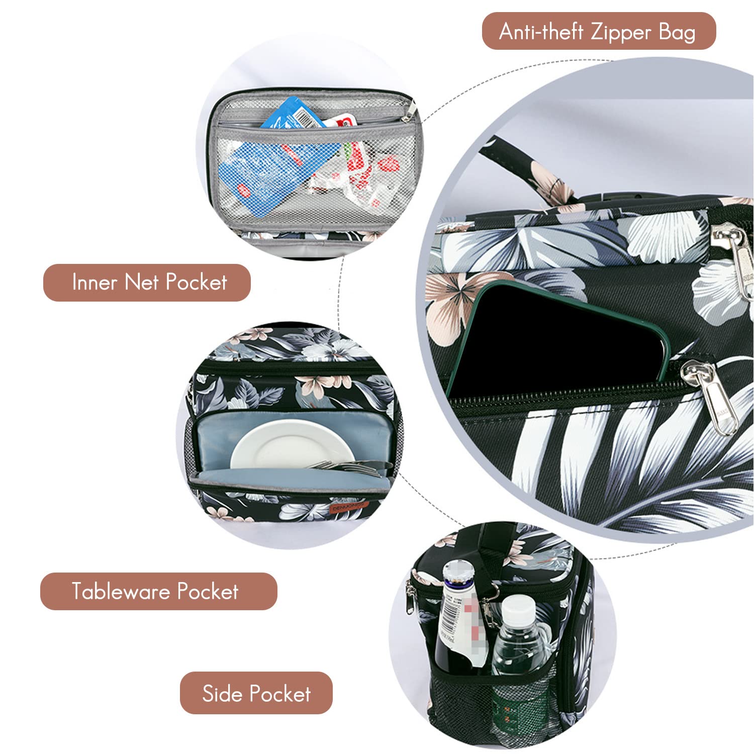 FANDARE Moda Bolsa Isotermica de Almuerzo Nevera Portatil Bolsa Térmica Comida Termica Porta Alimentos Correa Portatil para Adulto Niños Bolsa Nevera Oficina Escuela Viaje Lunch Bag Poliéster Negro A