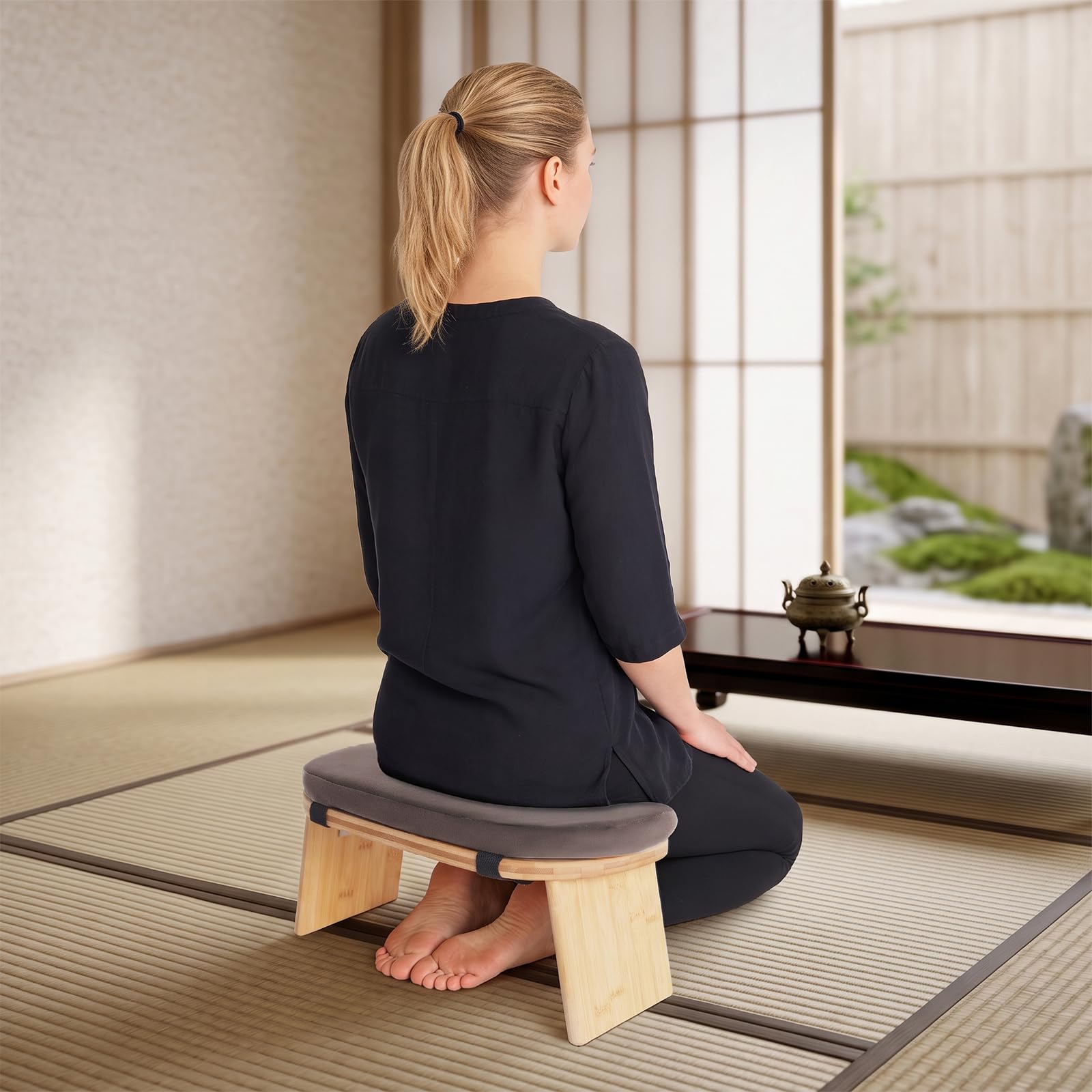 Banco de meditación plegable ergonómico de bambú
