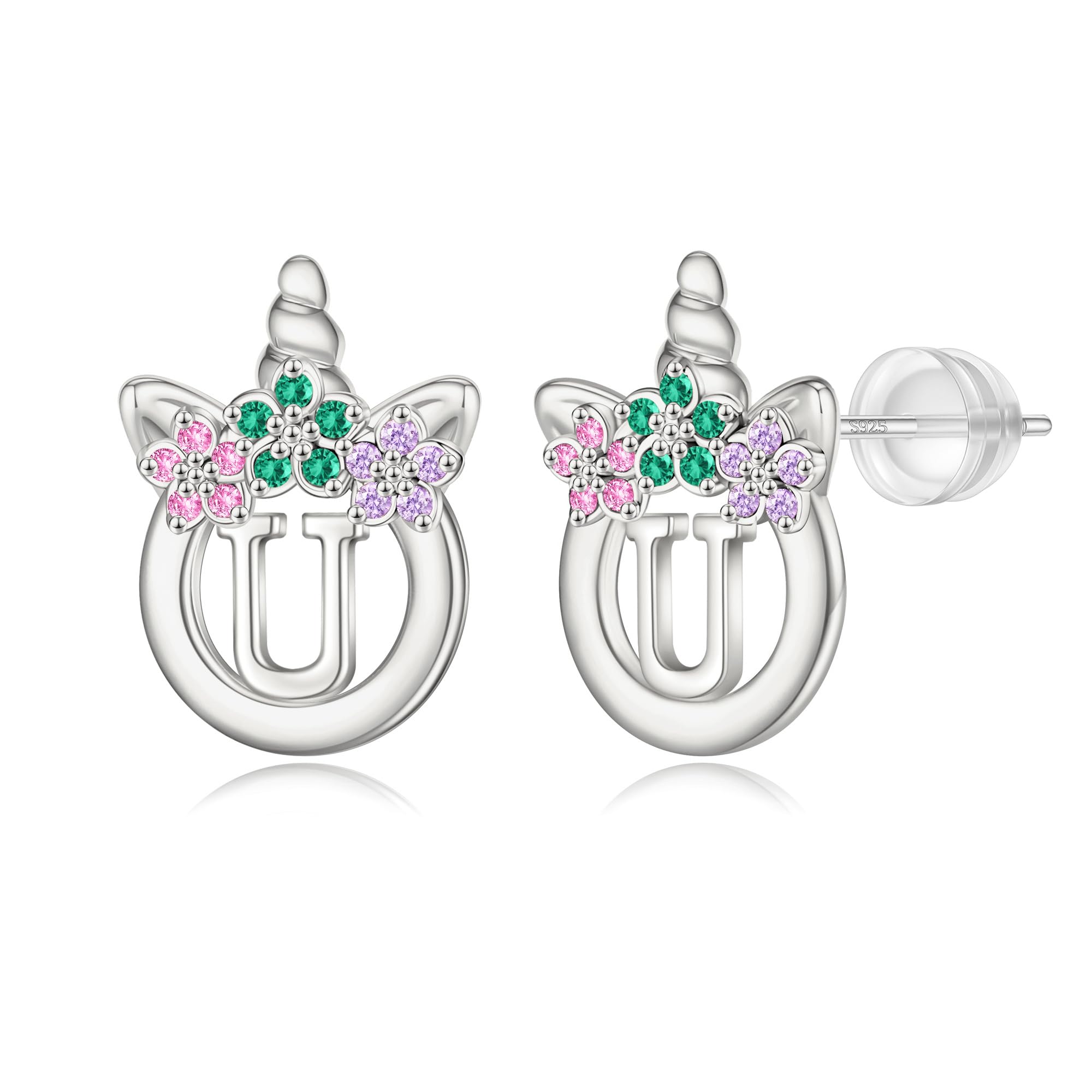 Unicorn Earrings Gifts for Girls - 925 Sterling Silver Stud Earrings Hypoallergenic Initial Unicorn Earring for Girls Kids Jewelry CZ Birthday Gifts