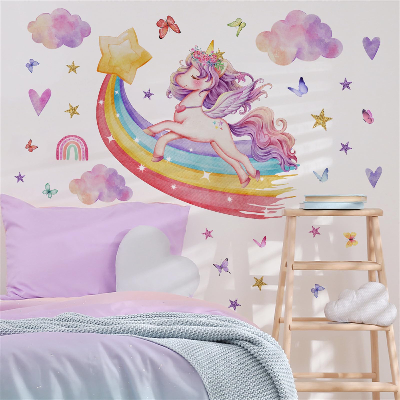 Unicorn Wall Stickers for Girls Bedroom, Rainbow Unicorn Wall Decals with Clouds, Stars & Butterflies