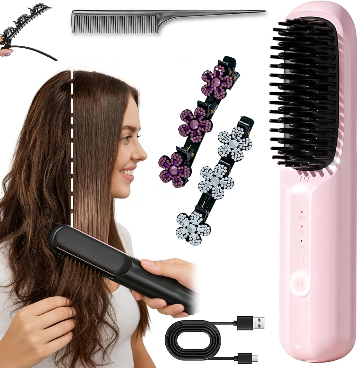 Go Bursh, 2026 New USB Cordless Negative Ion Hair Straightening Comb, Brush Pro with Sparkling Crystal Stone Braided Hair Clips, Portable Hair Straightener, Fast Heating Cordless (Pink)