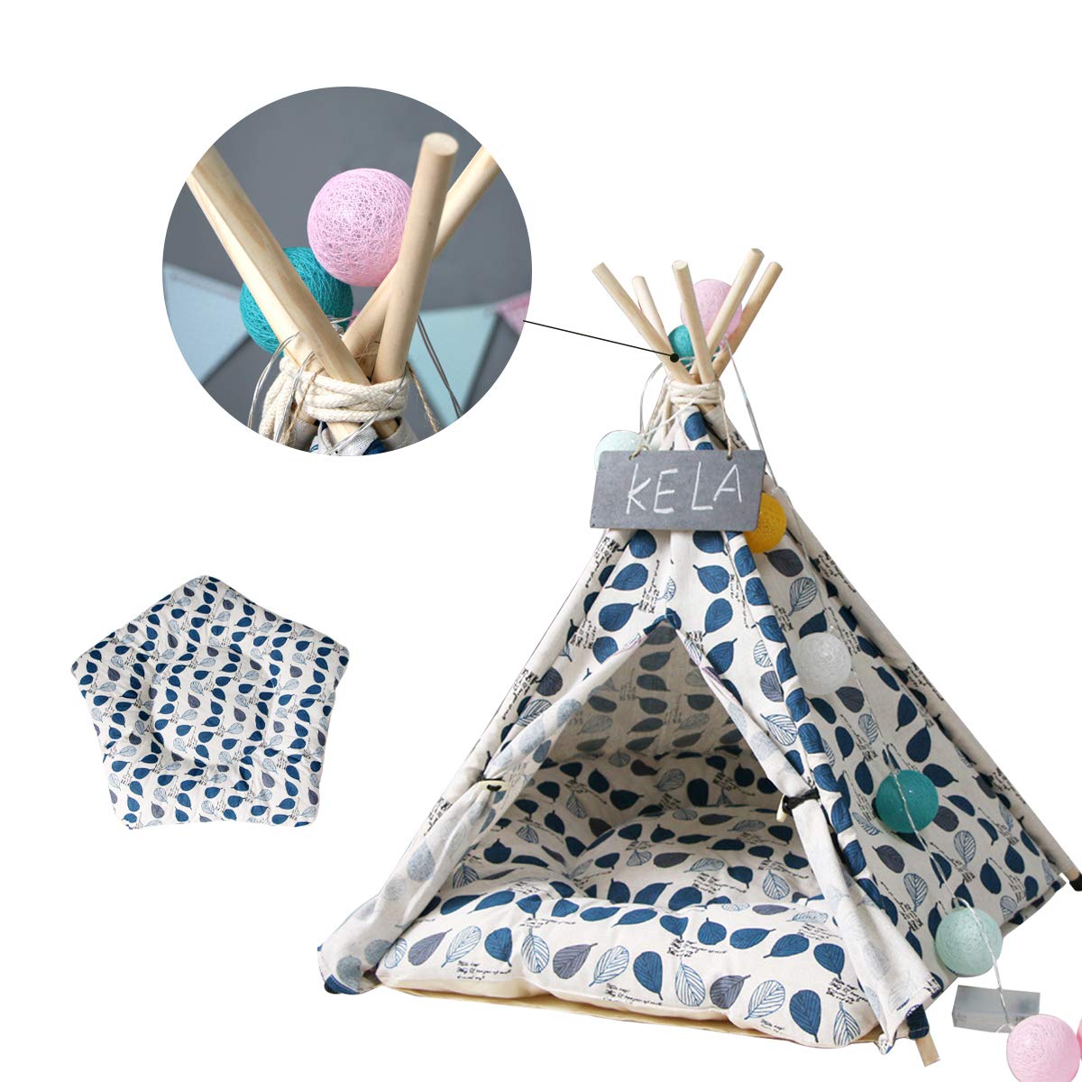 TentHome Tente Tipi avec Coussin pour Chiens Chiots Chats Animaux de Compagnie Niche pour Chien avec Matelas Amovible et Lavable, Feuille Bleue (70cm x 60cm x 60cm)