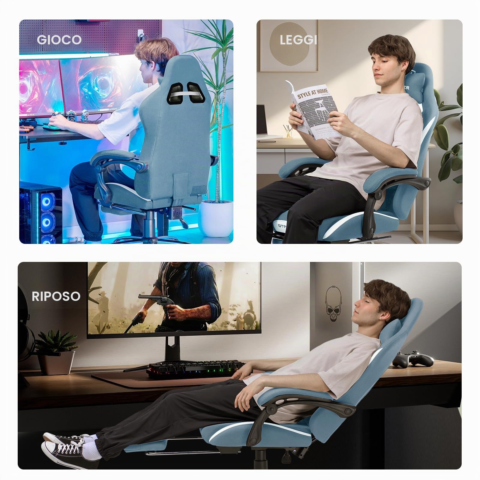 GTPLAYER Sedia da gioco, sedia da ufficio traspirante in tessuto di alta qualità, sedia ergonomica PC, regolabile e girevole con poggiapiedi, blu