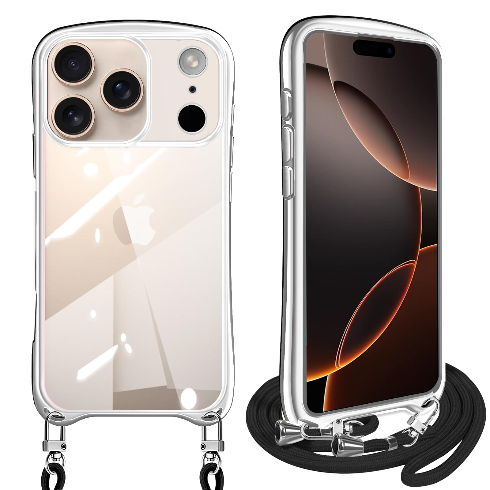iPhone 17 Pro 用 ケース ショルダー クリア アイフォン17Pro カバー いPhone17 プロ スマホケース 耐衝撃 透明 TPU ストラップ付き 肩掛け 首掛け 紐付き 斜めがけ メッキ加工 取り外し可能 長さ調整可能(シルバー)