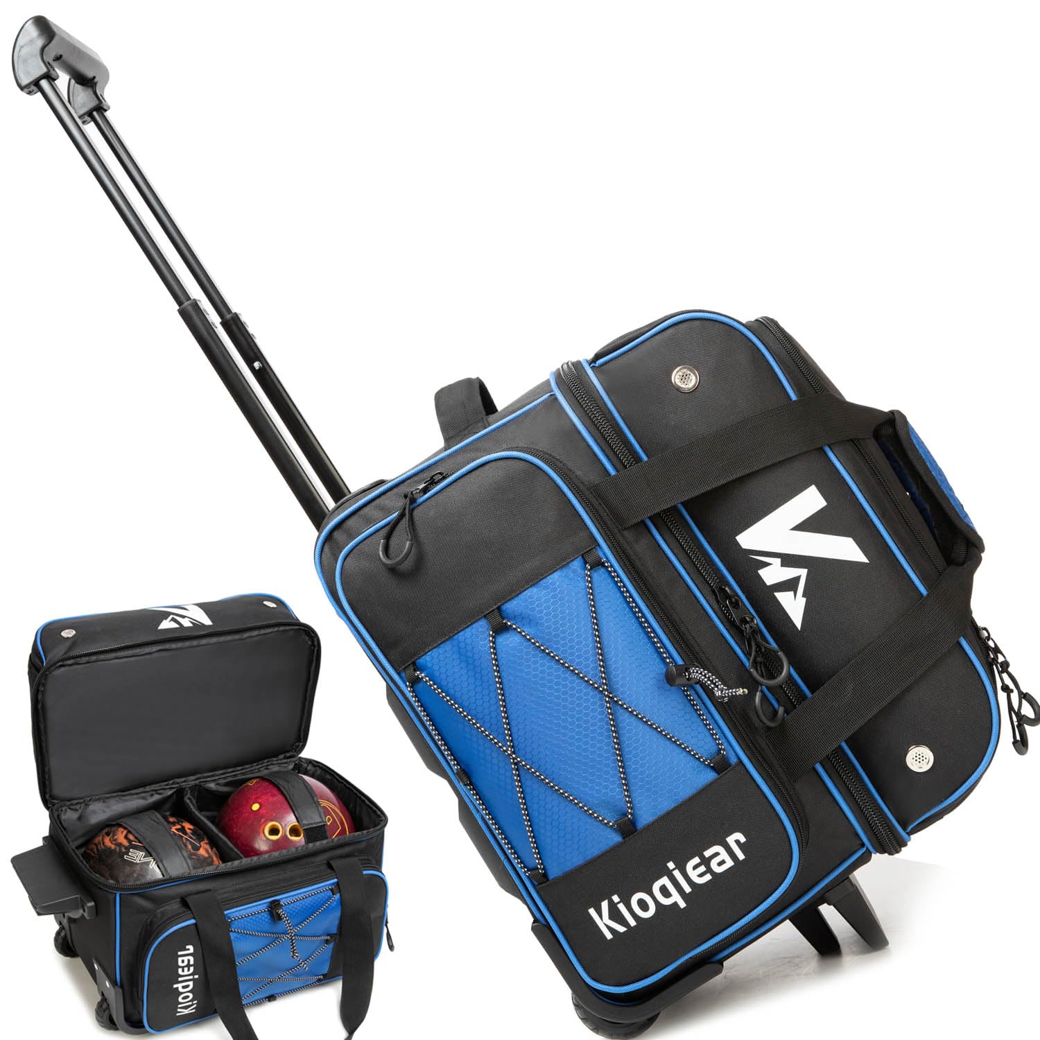 Kioqiear 2 Ball Bowling Bag with Wheel, Double Roller 2 Ball Bowling Bag with Compartments For Equipment and Shoes, Handle Extends to 37.5". (BLUE)