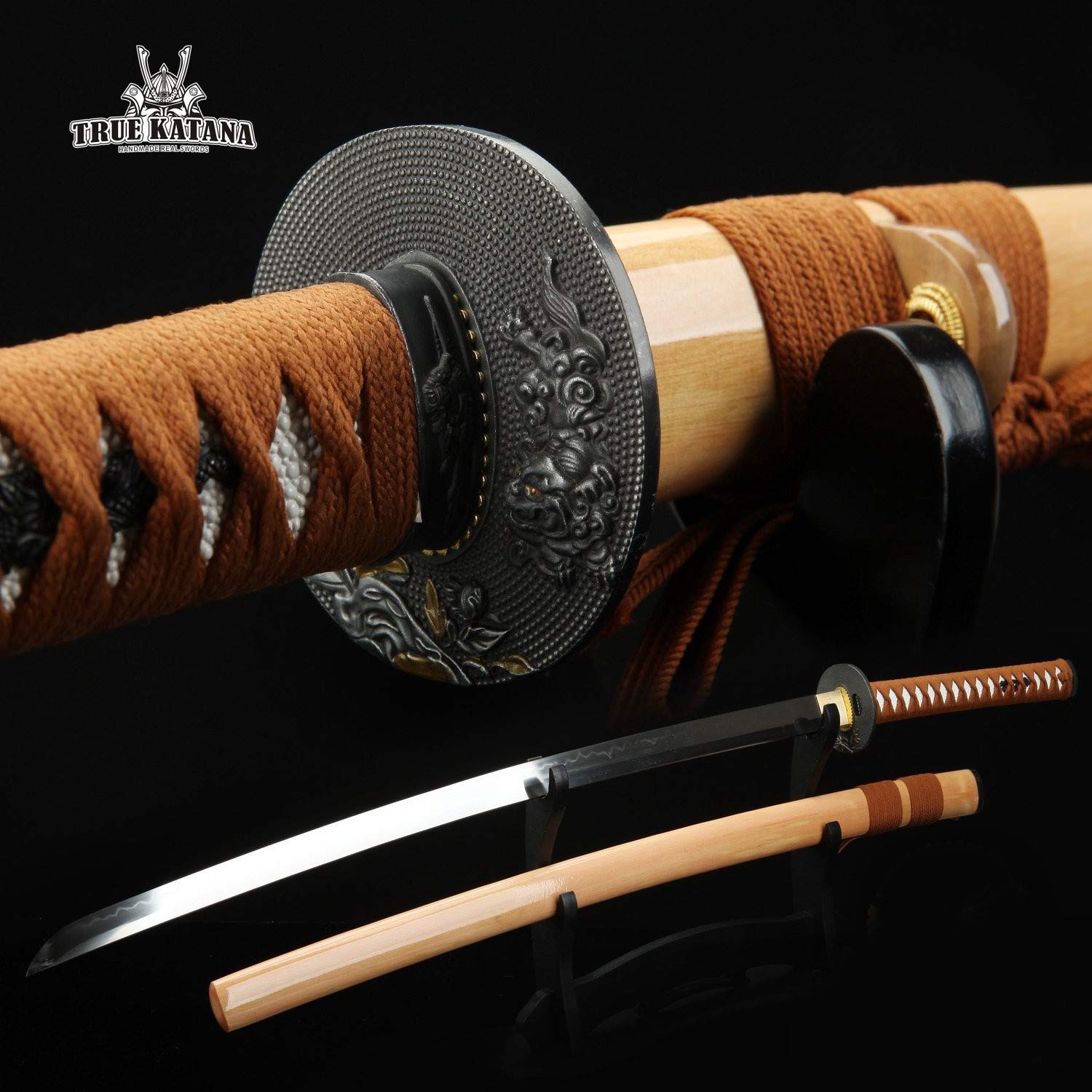 TRUEKATANA Kirin Peony Style Tsuba Handmade Real Katana Japanese Samurai Swords With Natural Wood Scabbard