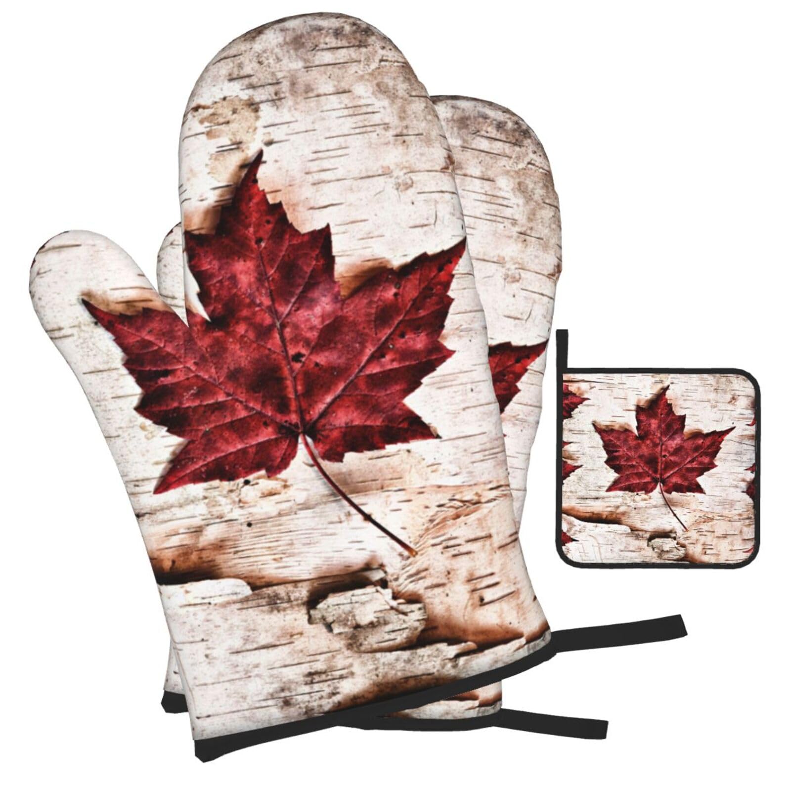 Canada maple leaf Printed Oven Mitts and Pot Holders Heat Resistant Set of 3 Pcs, Modern Kitchen Gloves & Potholders for Cooking Baking Grilling