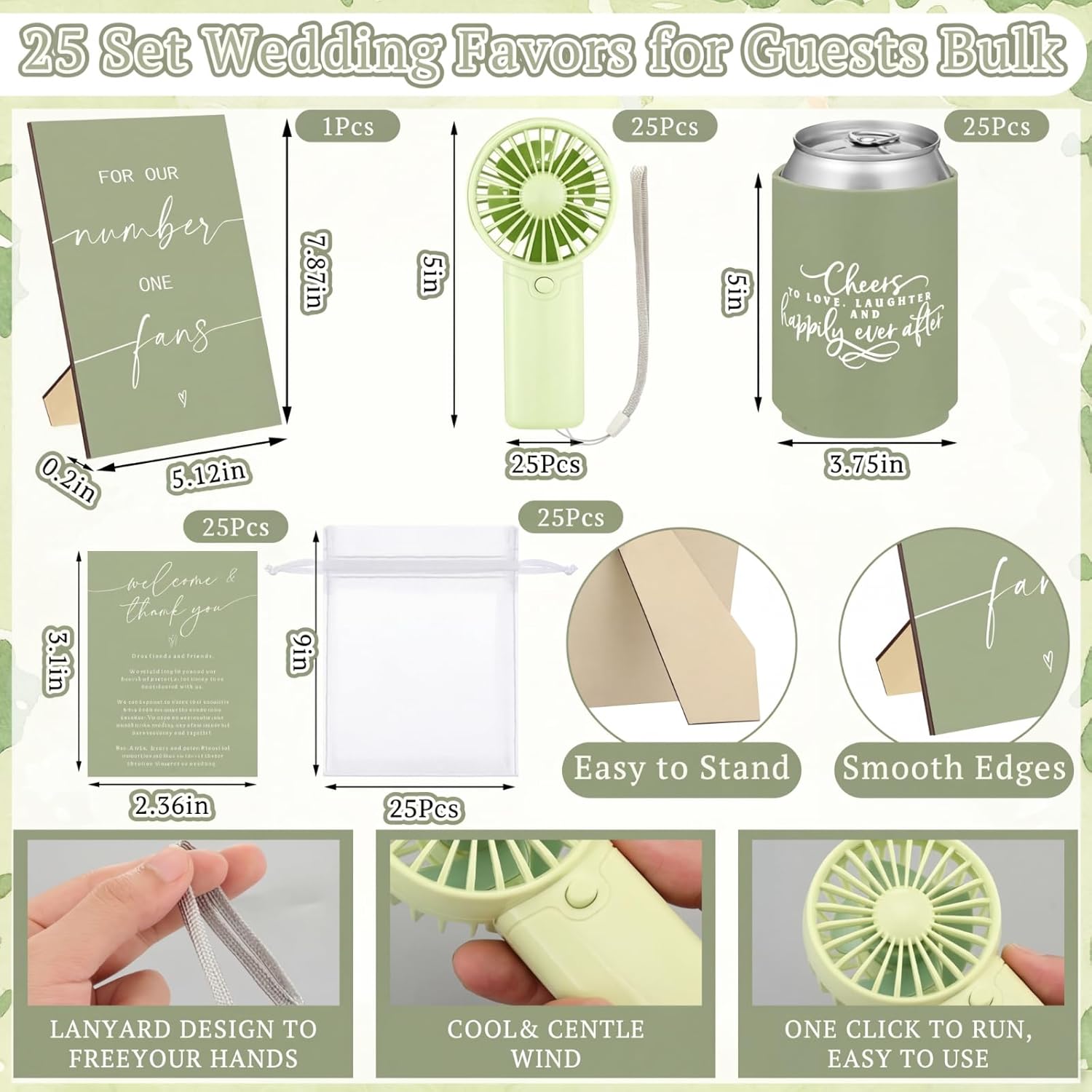 Hortsun 101 Wedding Mini Handheld Fans Bulk for Guests Gifts Portable Personal Small Fans Can Cooler Sleeves with Wooden Table Sign for Summer Engagement Bridal Shower Favors(Classic,Green)