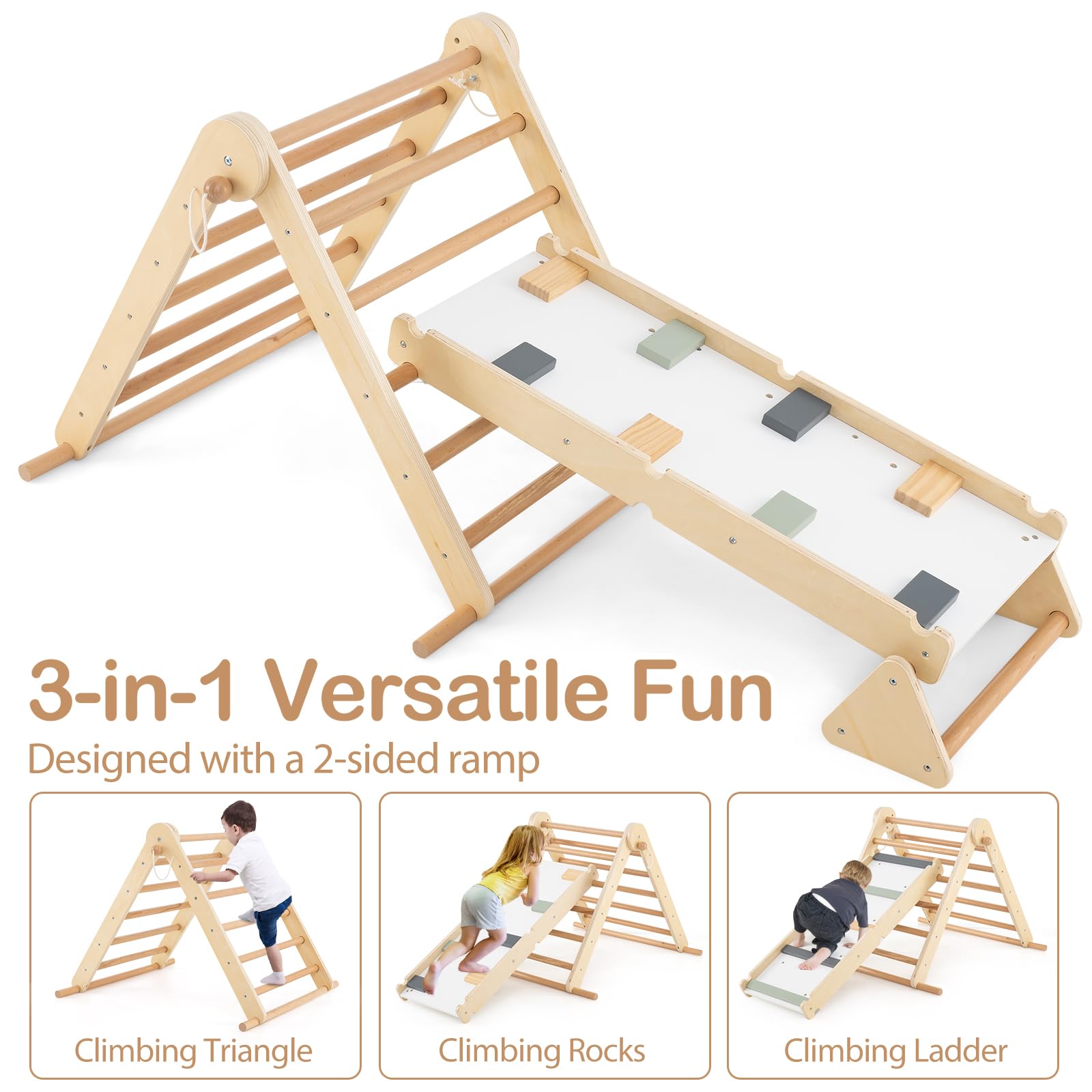 HOMASIS 3 in 1 Kletterdreieck mit Kletterleiter & Wippe, Holz Klettergerüst Indoor mit doppelseitiger Rampe, klappbarer Spielplatz zum Klettern Wippen, Sprossendreieck für Kinder ab 3 Jahren, Natur