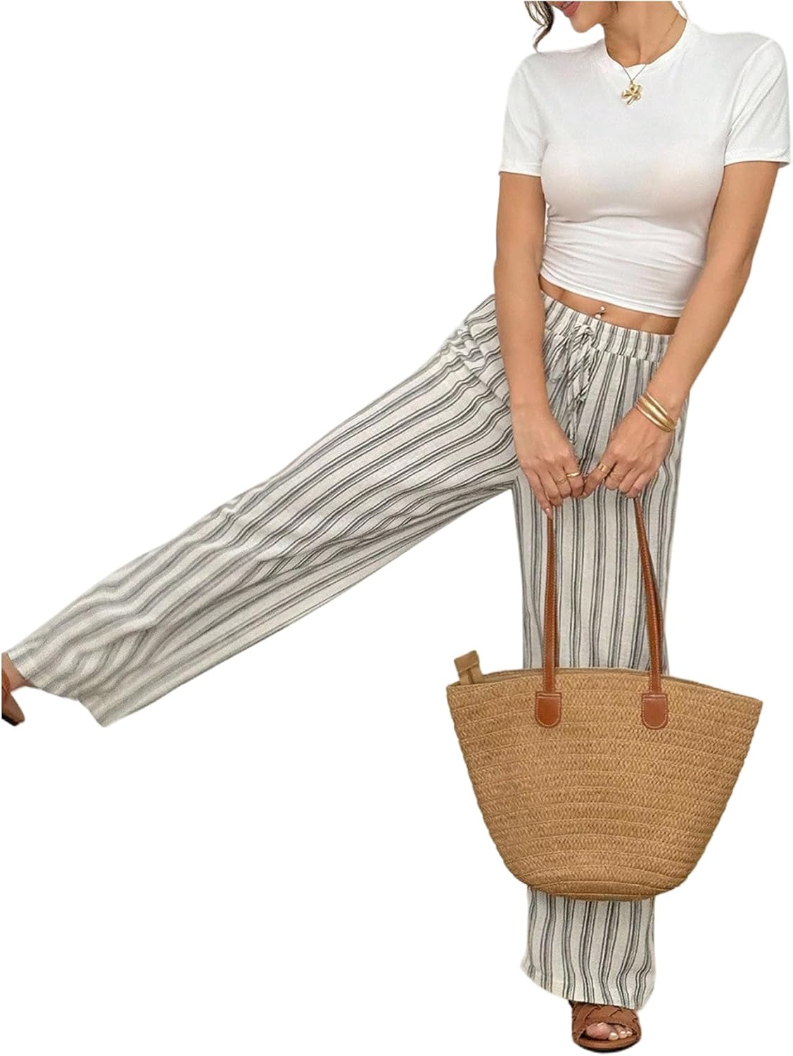 SweatyRocks Women's Striped Drawstring Pants Loose Wide Leg Trousers Casual Comfy Pants with Pocket - Image 6