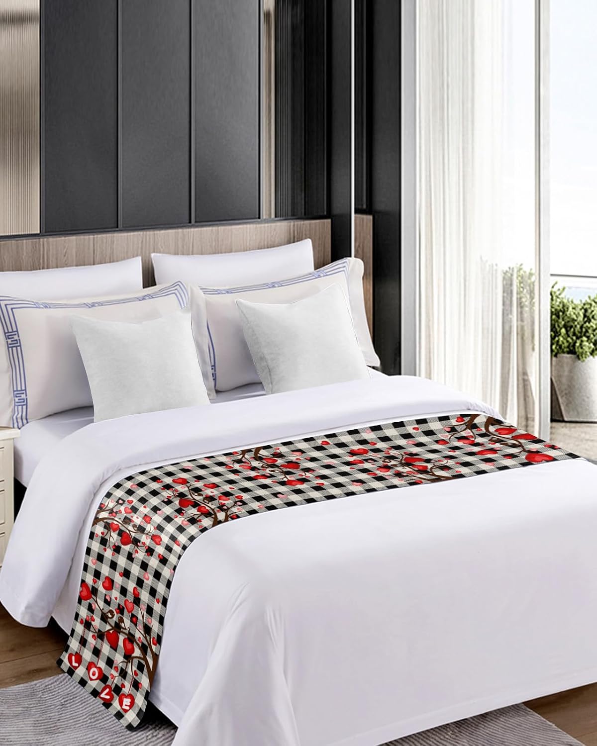Bed Runner Scarf, Black White Plaid Valentine's Day Red Love Heart Tree King Bed Bedding Scarves Cover Decorative Bed Scarf for Home Hotel Guesthouse Bedroom Wedding Room Guestrooms 94"x20"