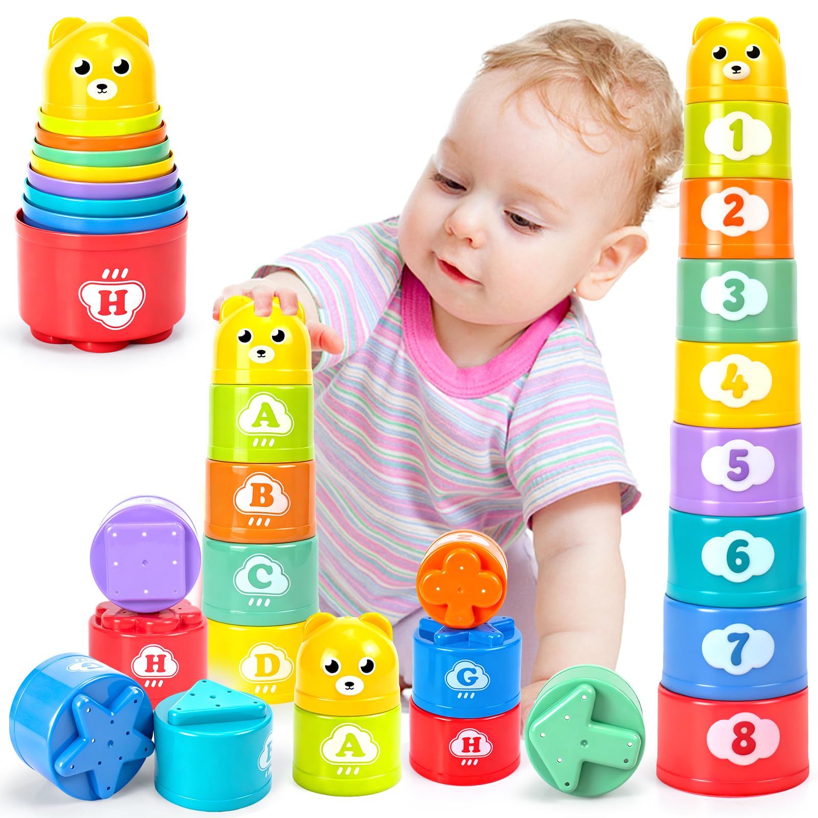 Stacking Cups Toys for Toddlers 1-3, Baby Toys Stacking Cups & Teething Toy for Babies 6-12 Months Montessori Educational or Bath Fun Stacking Blocks for Toddlers 1-3