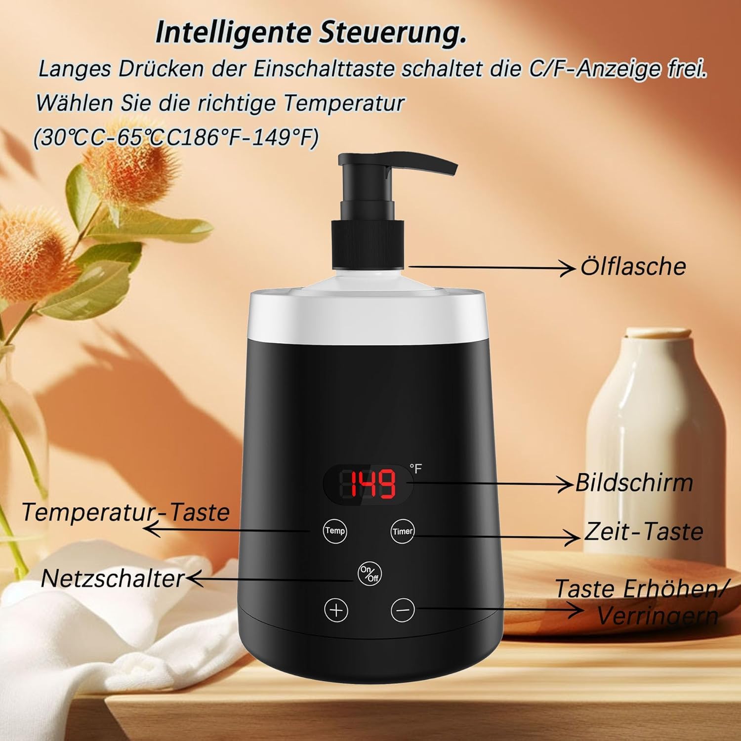 Massageölerhitzer mit zwei Ölflaschenspendern, einem Trichter zum Erhitzen von Massageölen und Lotionen für Heim- und Wellness-Salons
