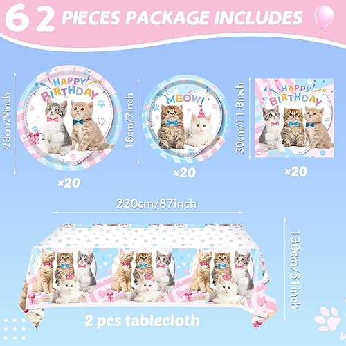 Miniatura 2 de Suministros para fiesta de cumpleaños de gato, 62 piezas de decoración de fiesta de gato y juego de vajilla - Decoración de fiesta de cumpleaños de