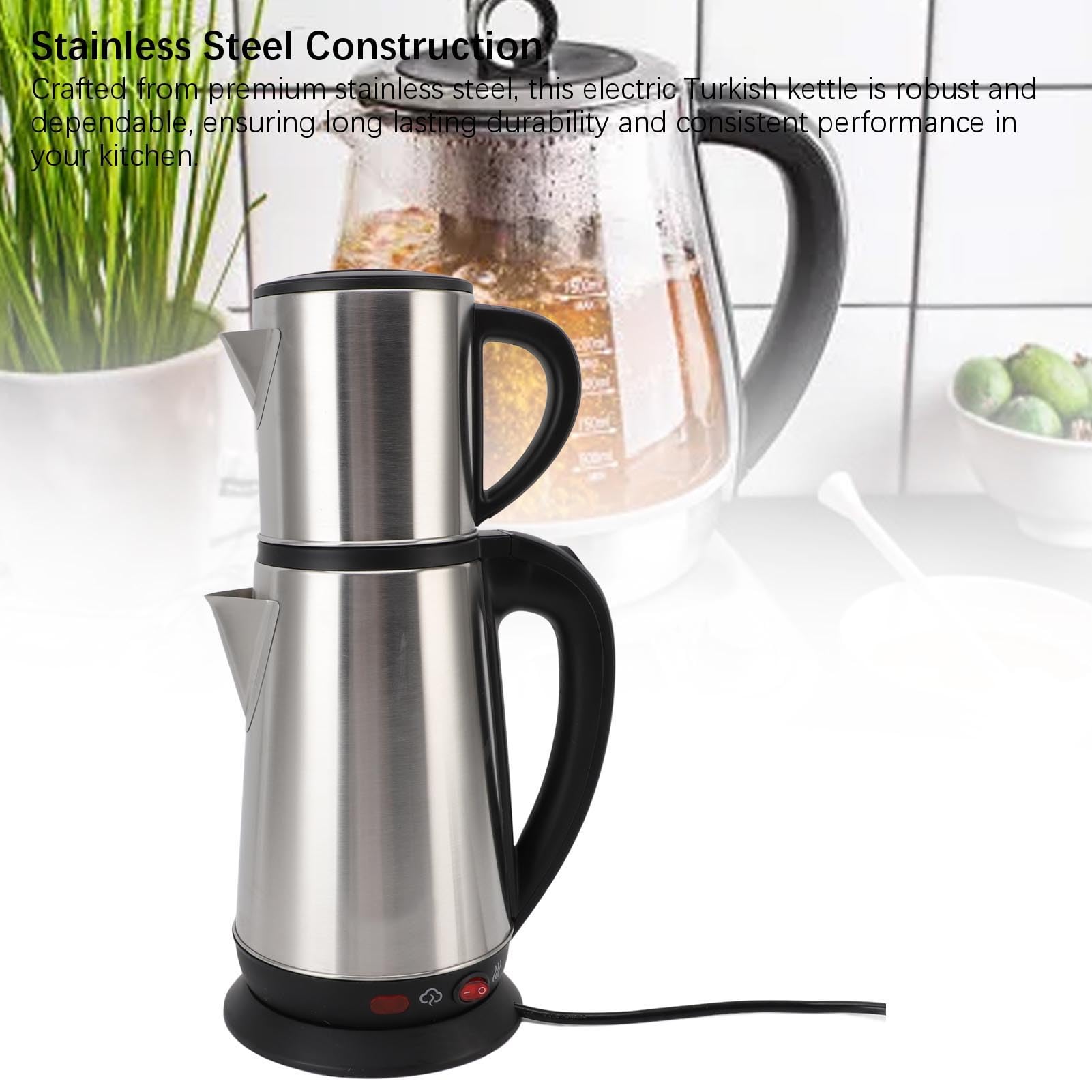 KIMISS Juego de Tetera Turca Eléctrica para Casa, 1L y 2L Acero Inoxidable Negro, Hervidor de Té y Infusor de Hierbas, Set de Dos Teteras con Diseño Tradicional