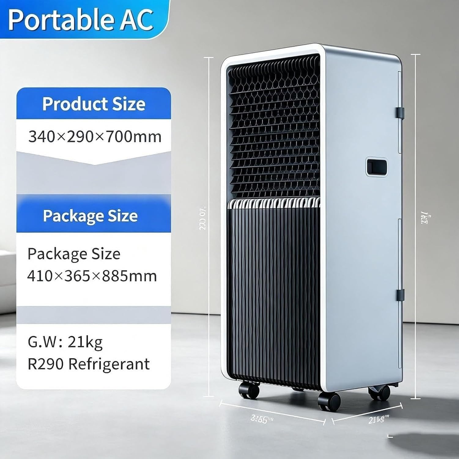 Condizionatore d'Aria Portatile 14000 BTU Solo Raffreddamento, 220-240V 50Hz, unità Mobile con compressore Silenzioso e Kit Ventilazione Finestra, Ruote per Cam, A+12000 Btu, A+12000 BTU