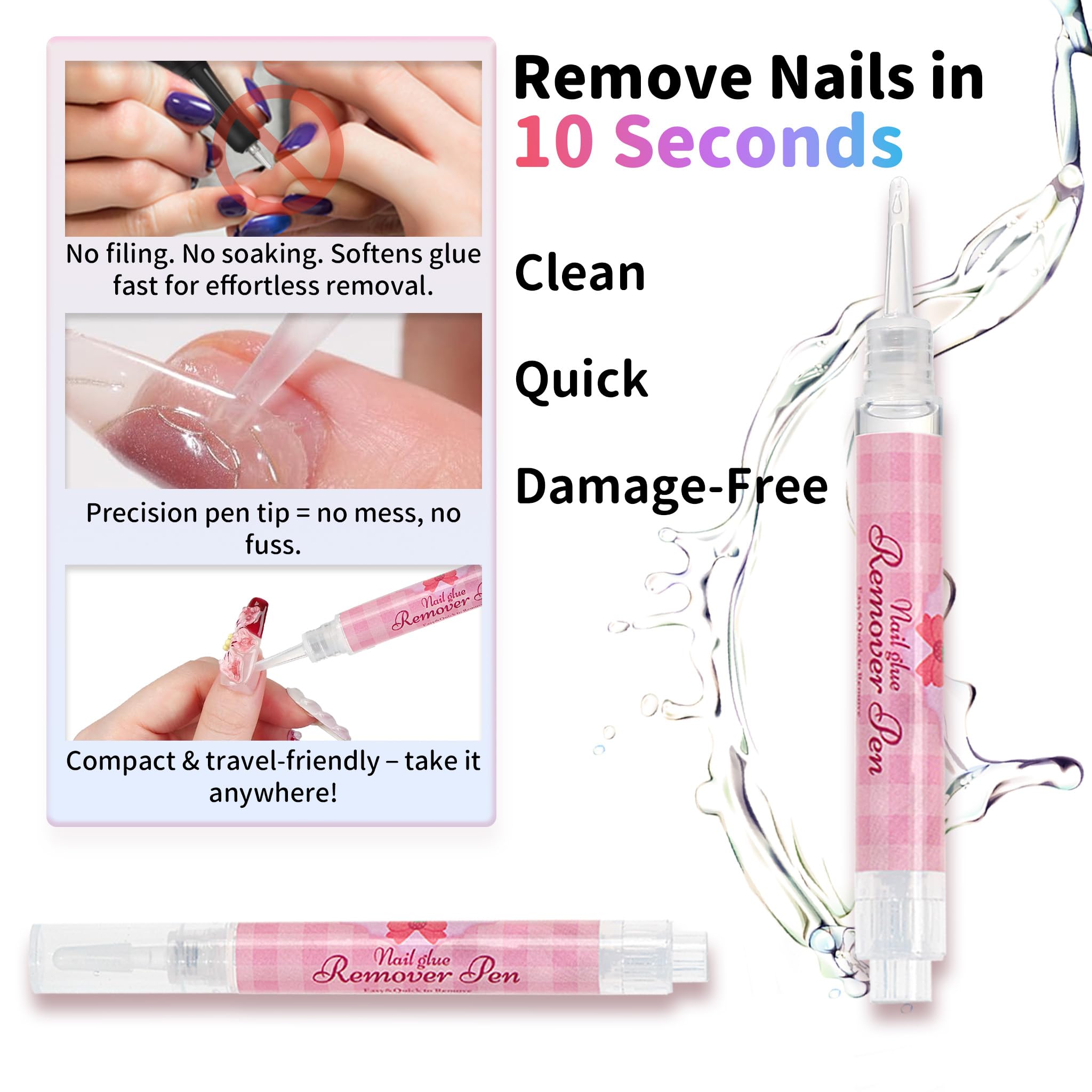 Sun&Beam Nails Remover Pen – 2-częściowy zestaw do usuwania kleju do paznokci i gumowych tabletek z witaminą E, delikatny i czysty w formacie pisaka
