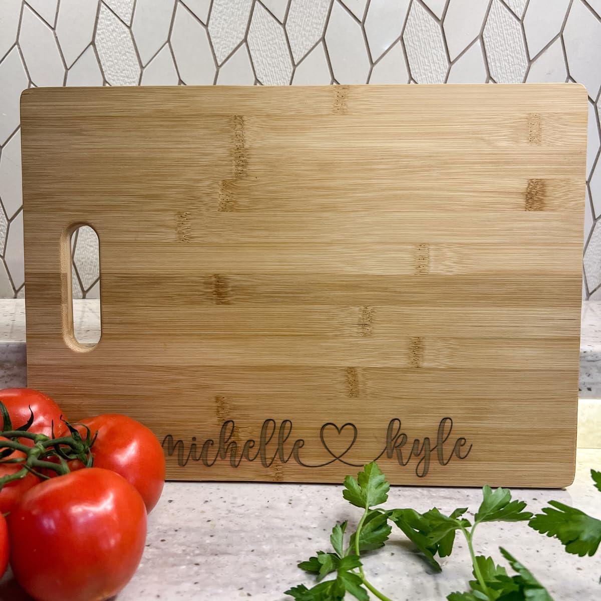 Engraved Rectangular Bamboo Wood Cutting Charcuterie Board Personalized Gift New Couple, Parents, Anniversary, Housewarming, Hostess, Engagement - Names and Heart - Made in CT, USA.