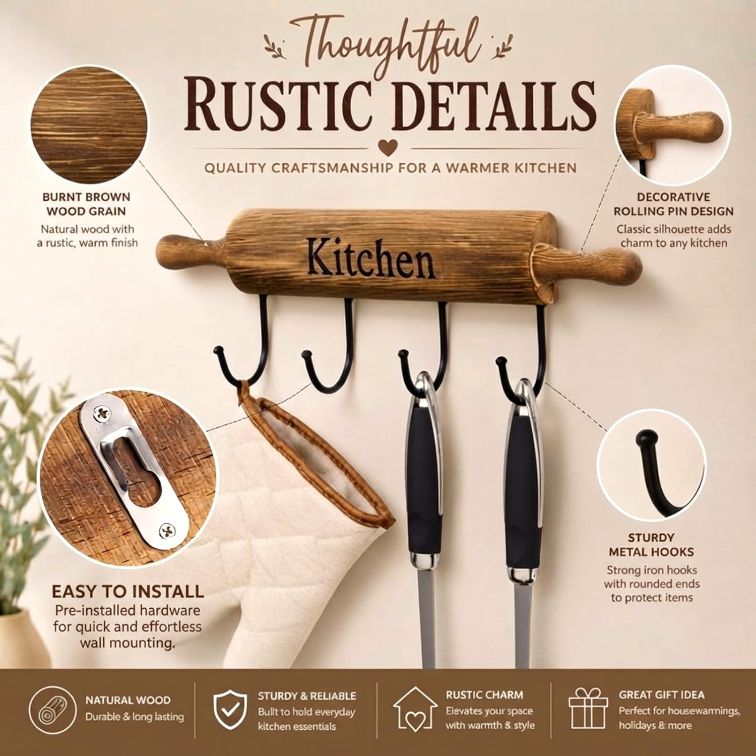 Yookeer Rustic Wood with Metal Hooks for Kitchen, with 4 Hooks