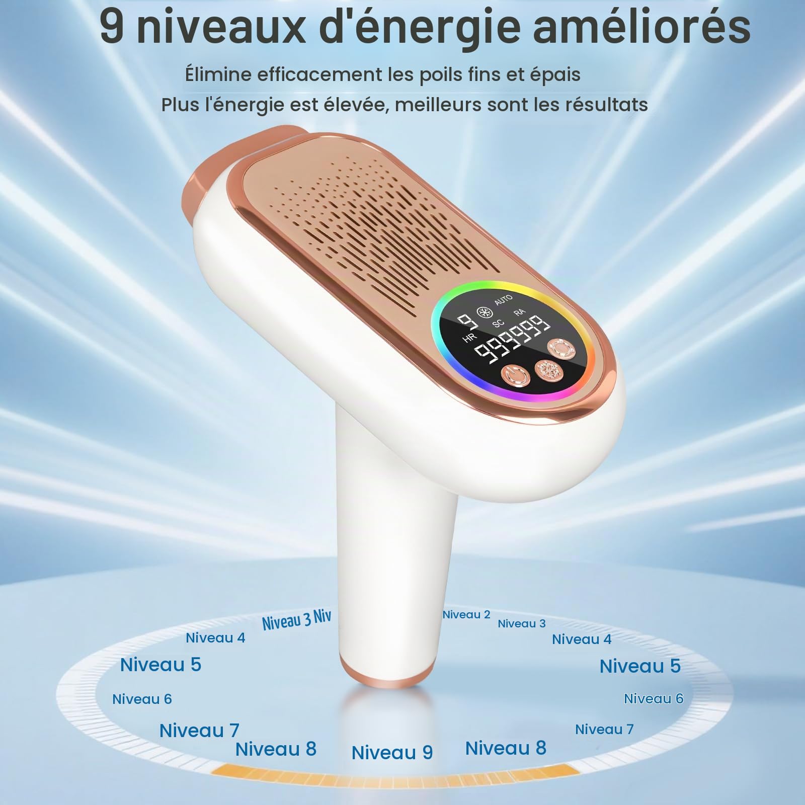 Épilateur IPL avec Refroidissement – 9 Niveaux, 3 Modes pour Visage, Maillot, Jambes
