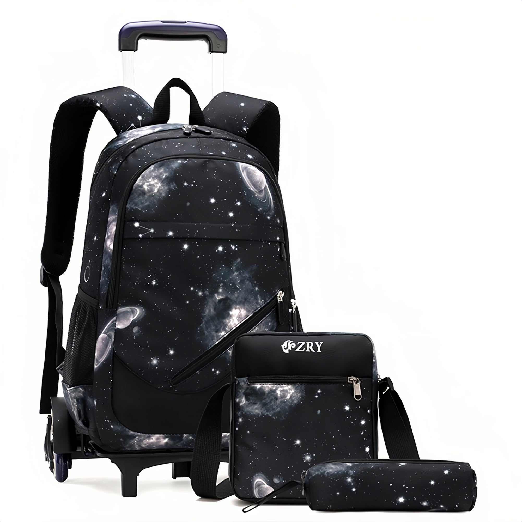 3Pcs Black Galaxy Rolling Backpacks for Boys Middle School Bags Trolley Elementary Bookbags on 6 Wheels