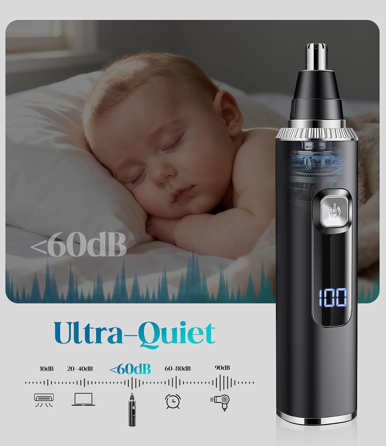 Apetexo trimmer next to a sleeping baby, with a graphic indicating its ultra-quiet operation at less than 60dB.