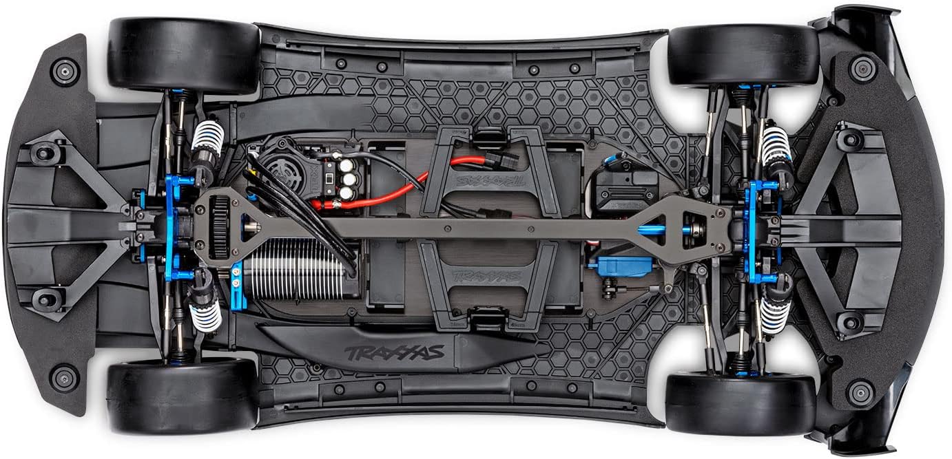 Traxxas XO-1 chassis view from above, showing motor, ESC, and drivetrain