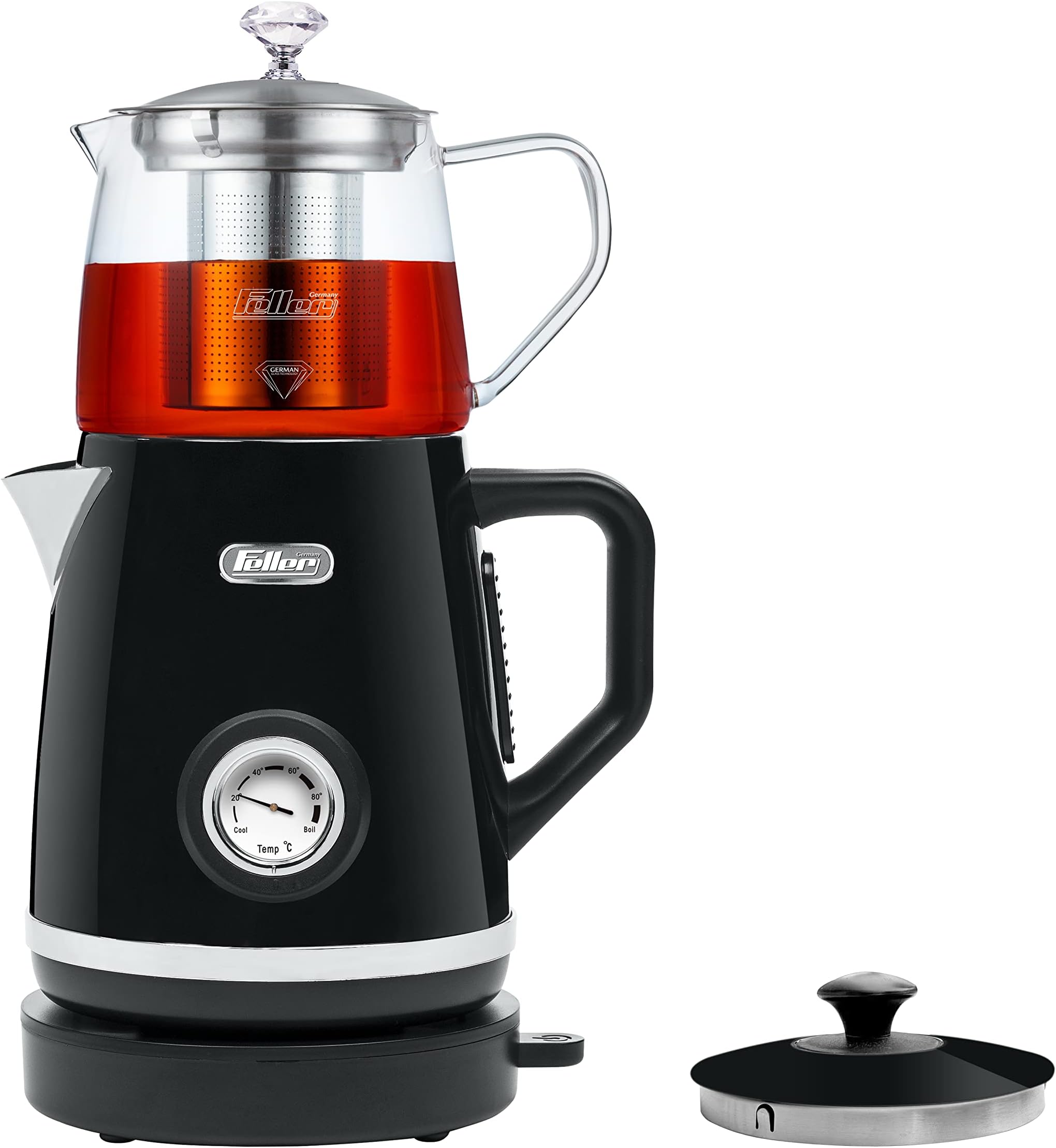 Feller Germany 1600W 2-in-1 Compact 1.2L Stainless-steel Tea Maker + Electric Kettle, 85/95/100°C Adjustable Touch Temp Setting, German Glass Tech Teapot, TS190, 2Y Guarantee-UAE Version (Black)