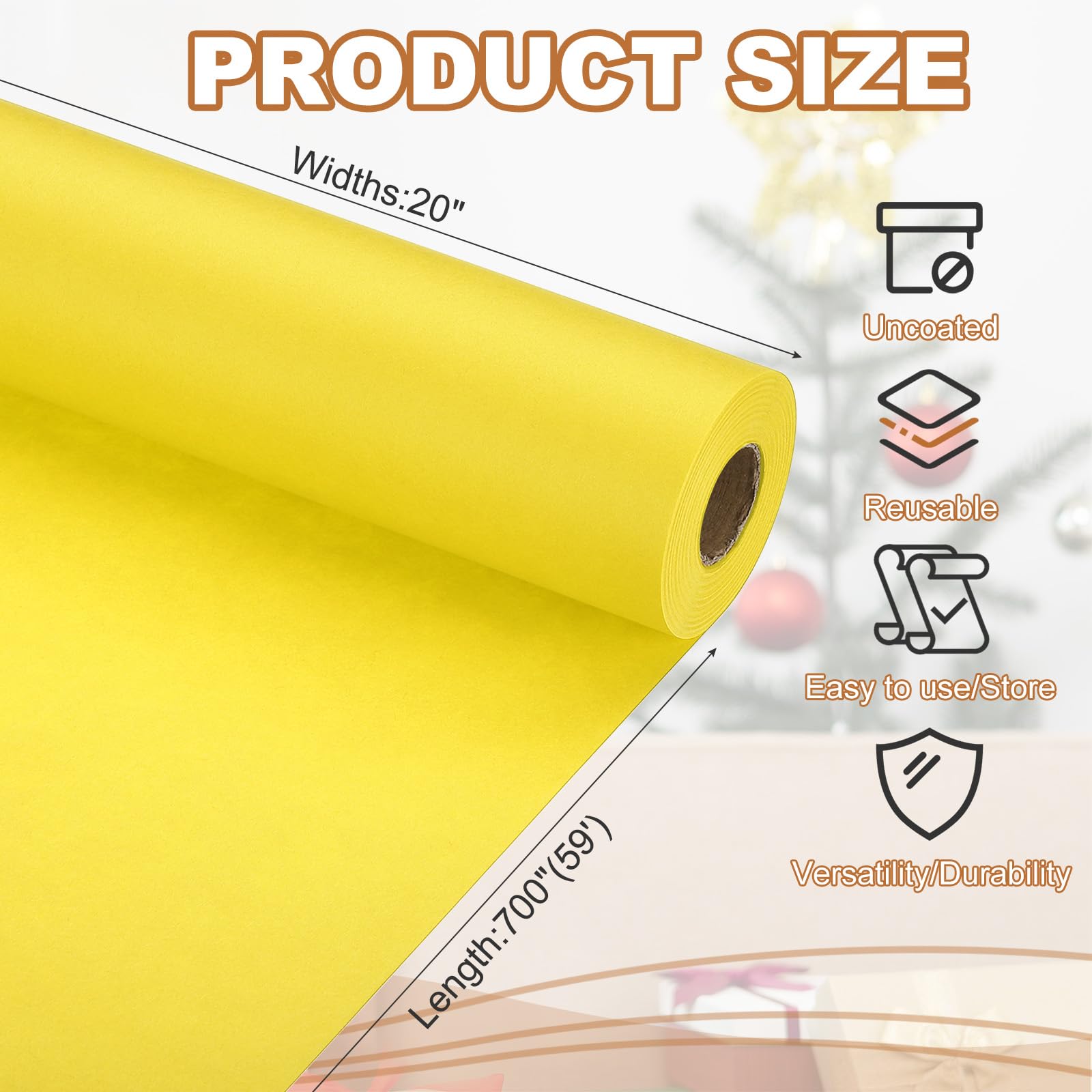 PATIKIL Wrapping Paper, 20" x 700"(59') 70 GSM Craft Paper Roll Kraft Packing Paper for Poster Bulletin Board Gift Wrapping, Yellow - Image 2