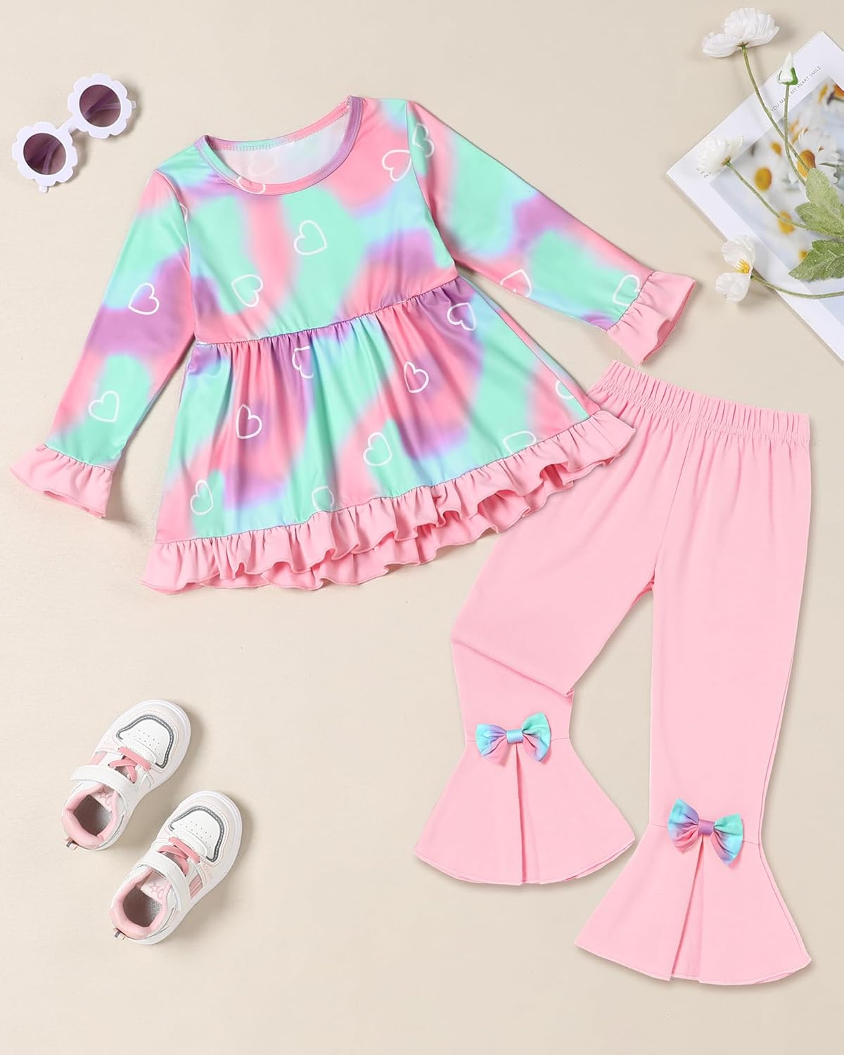 Toddler Girl Clothes Girls Fall Winter Outfits, Ruffle Long Sleeved Floral Shirts Top + Bell-Bottoms Flare Pants Set - Image 7