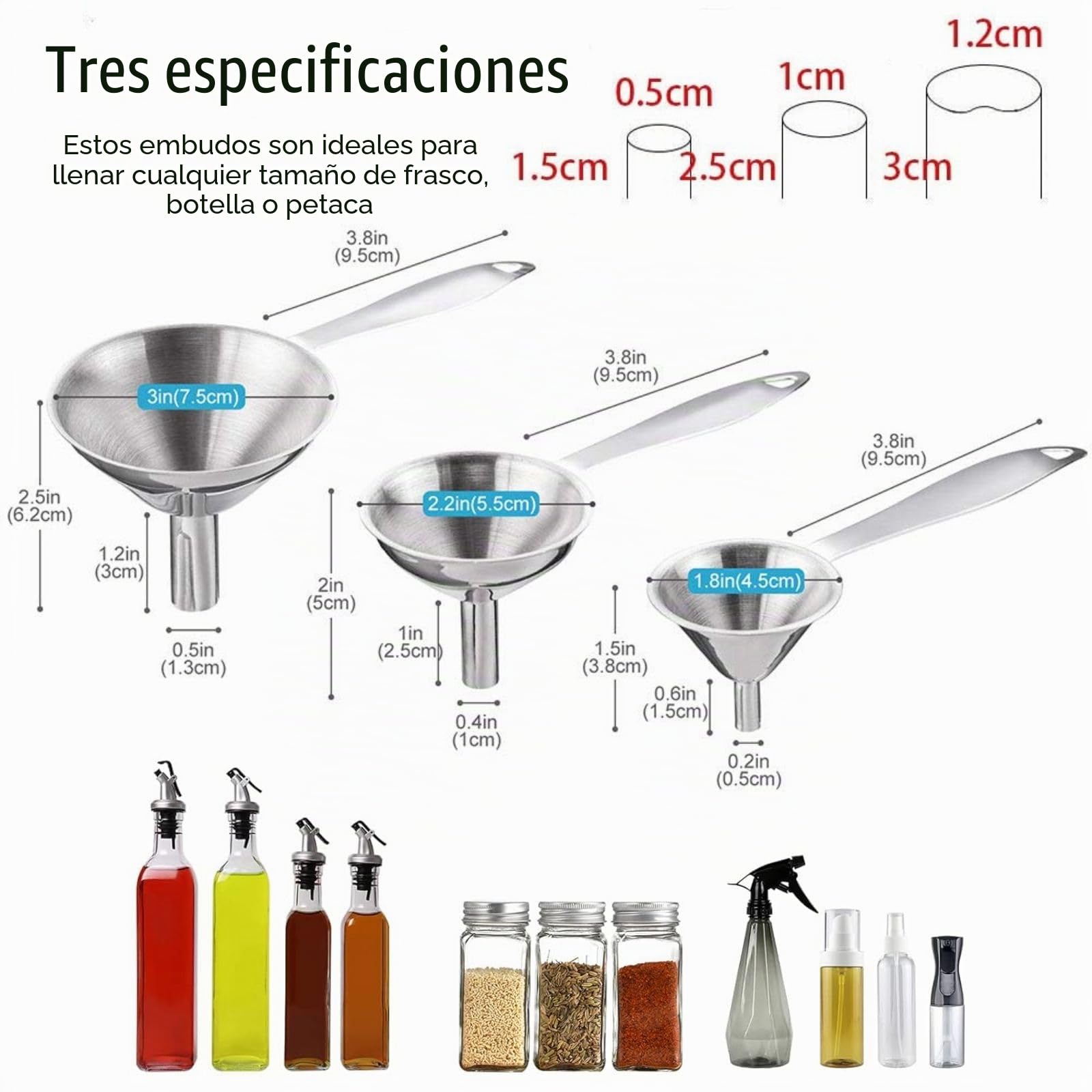 TSKDKIT Embudos de Acero Inoxidable, 3 piezas Embudo de Cocina con Mango Largo Pequeño de Metal, Embudo de Petaca de Acero para Transferir Líquidos y Polvo
