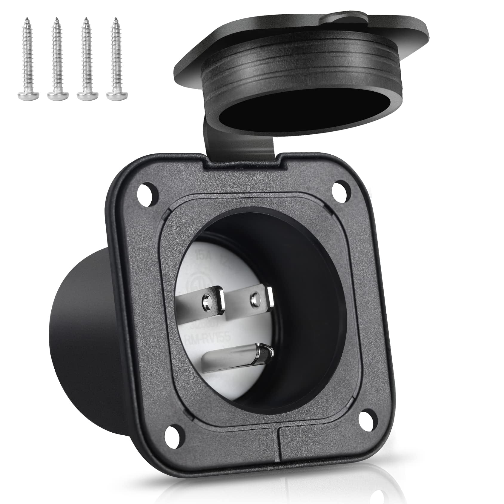 etl listed flanged inlet 15 amp 125v electrical plug male receptacle waterproof cover rv nema 5-15 shore power pack generator ac port for marine boat, commercial grade, 2 pole 3 wire