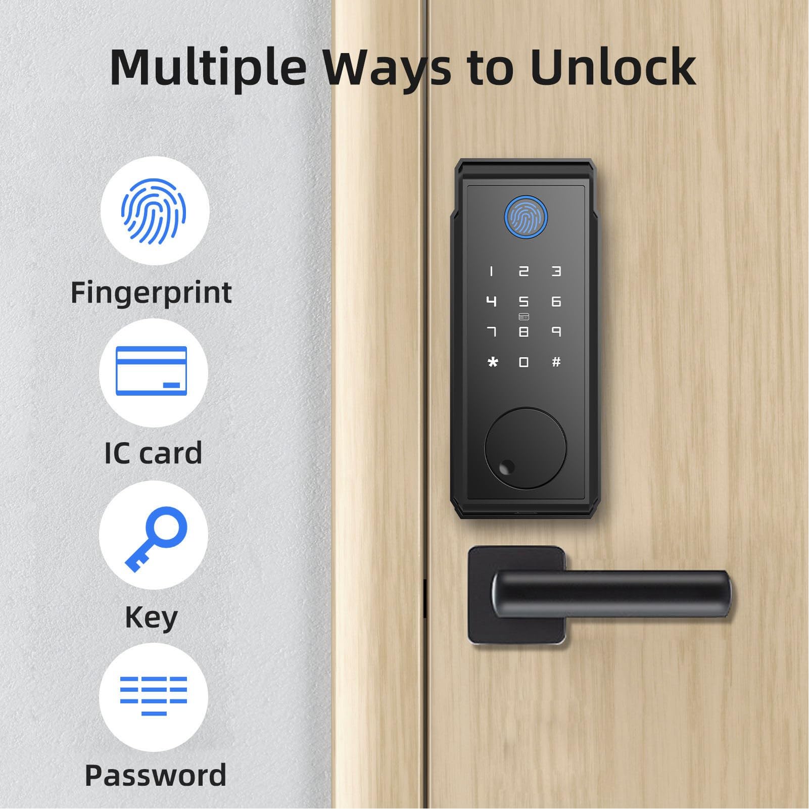 Smart Fingerprint Door Lock, Keyless Entry Door Lock, Keypad, App Access Control, Long Standby, Low Battery Alert, Charging Interface