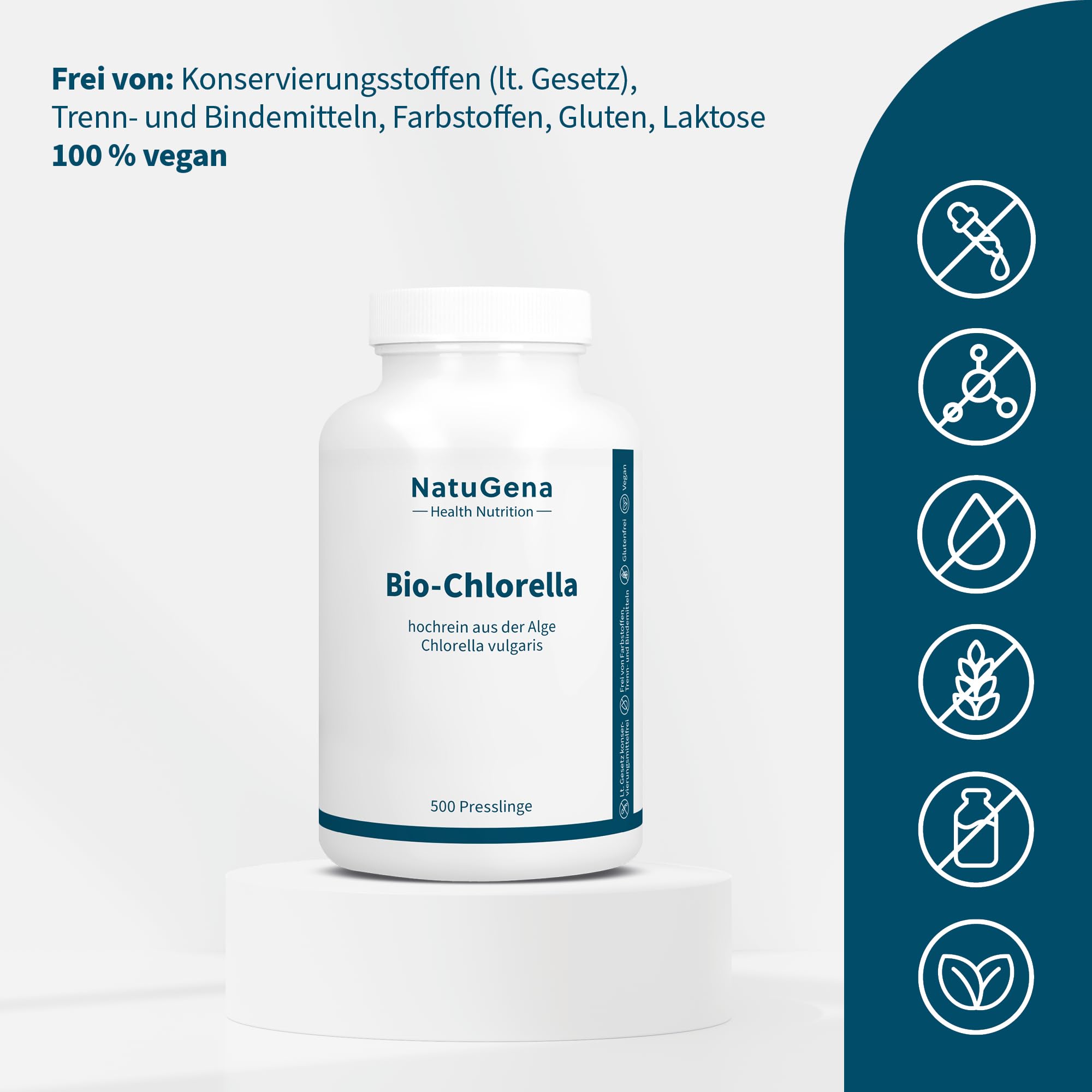 NatuGena Bio-Chlorella 2.500 mg hochreines Bio-Chlorella pro Tagesdosis, ohne künstliche Zusatzstoffe, ideal für Veganer und Vegetarier, 500 Presslinge (100 Tage Packung)