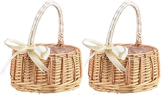 MEUMITY 2 PCS Rattan Flower Basket.Flower Girl Carry Basket with Lace Bow Lined Handmade Wicker Carry Basket for Vintage Wedding Garden Decor Outdoor Photography Country Style
