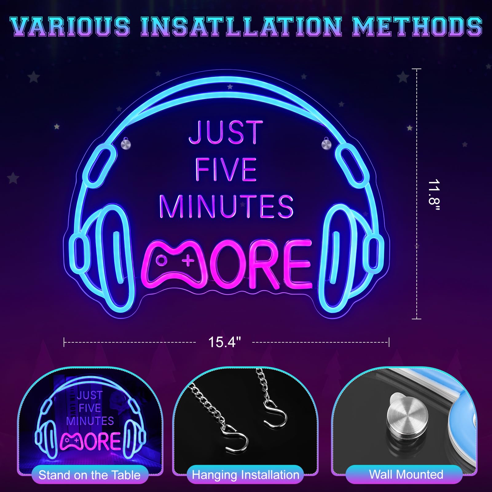 Gaming Neon Sign, Large Bright and Dimmable Colored LED Headset Gamer Neon Light and USB Powered Headphone Lightup Game Signs for Game Zone Video Room Boy Bedroom Wall Decor (Can't Hear You I'm Gaming)