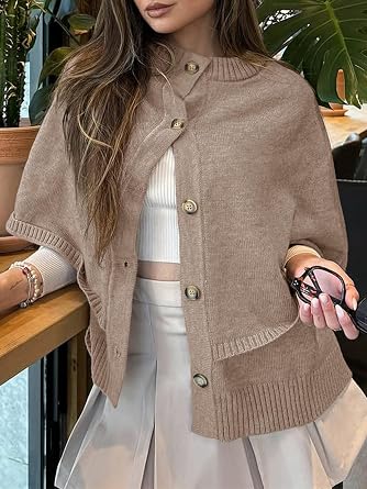 Saodimallsu Womens Cropped Cape Cardigan Button Up Crew Neck Jacket Shawl Fall Trendy Knit Sweater