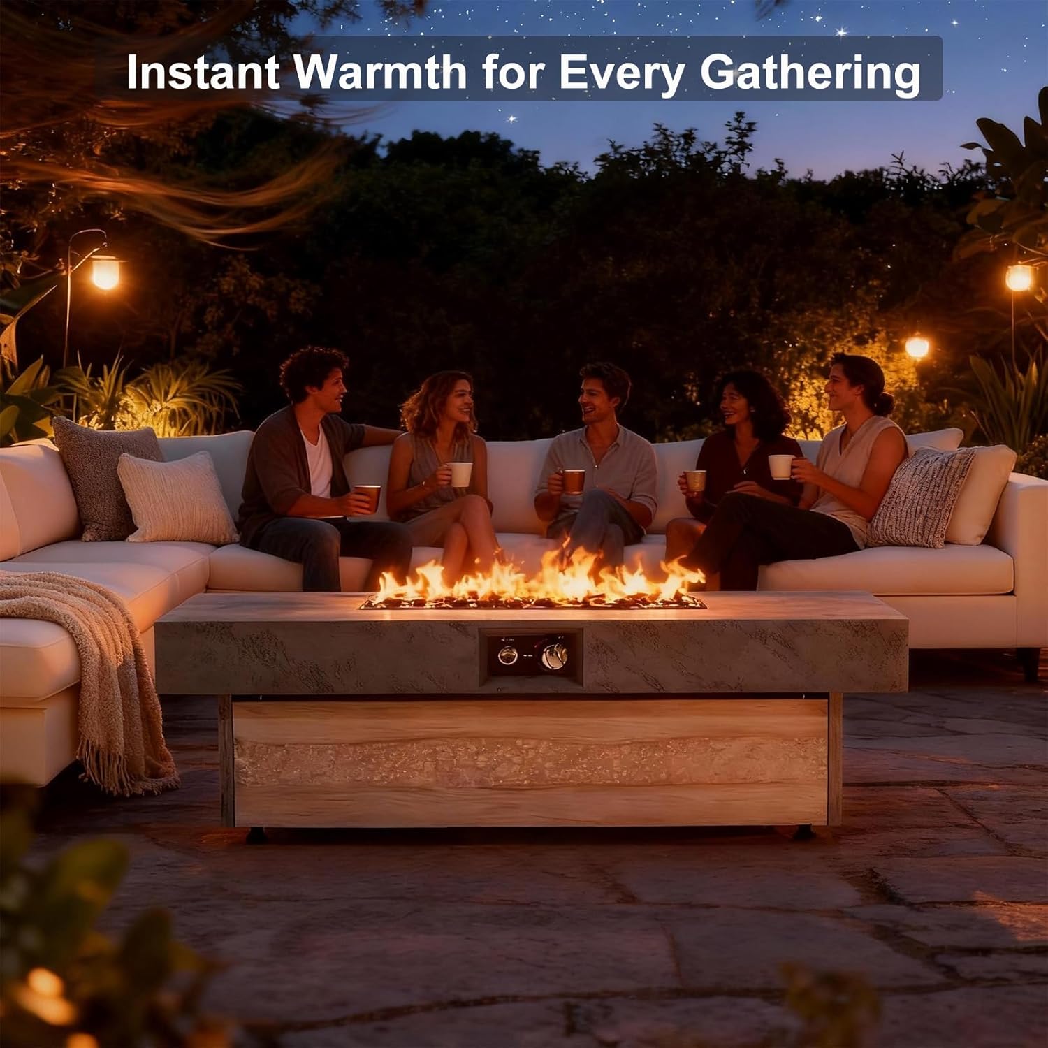 Propane Fire Pit Table, 48 Inch Firepits for Outside, Rectangle Gas Fire Pits for Outside Patio, Deck, Backyard, 50000BTU, Free Waterproof Cover, Tank Outside, Tank Not Included, Cement Grey