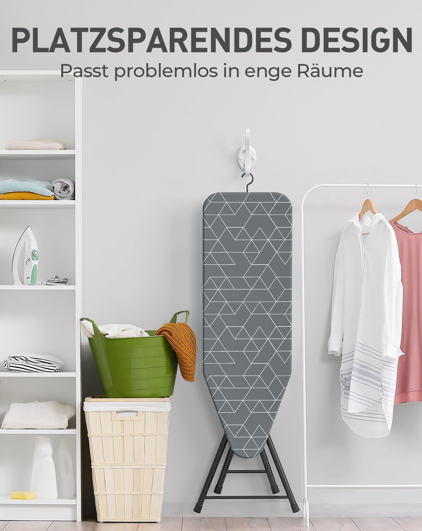 LyriFine Bügelbrett mit Bügeleisenablage, 2-in-1 Bügeltisch für Dampfbügeln & klassisches Bügeln, hitzebeständige Auflage, klappbar mit Haken, Stabiler Stahl, Bügelbrett für Dampfbügelstation, grau