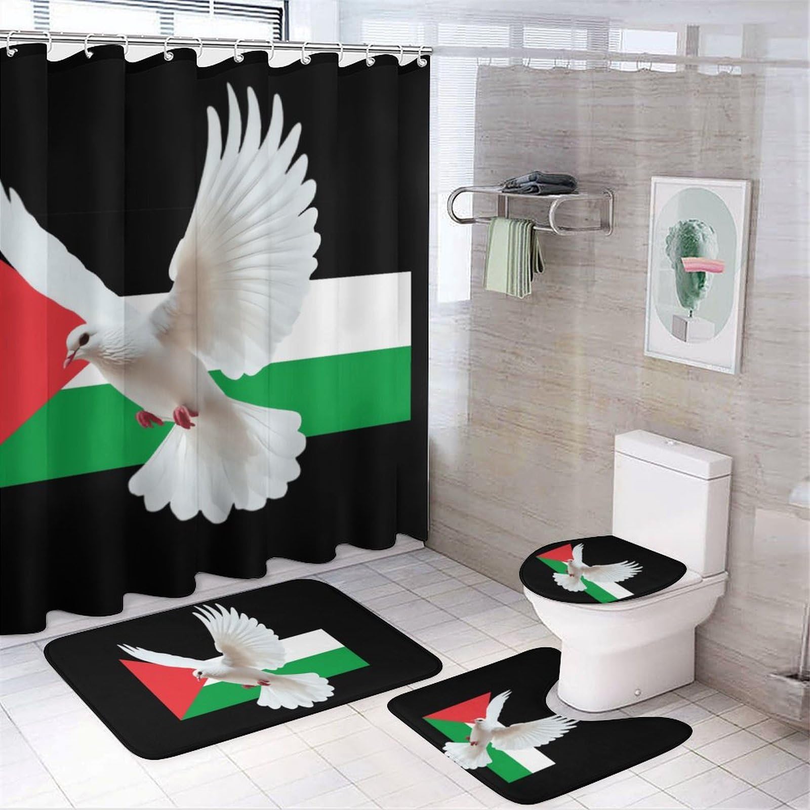 CGSBNGHA Peace Dove & Palestine Palestinian Flag Shower Curtain Set 4 Piece Bathroom Sets with Rugs Toilet Lid Cover And U-Shaped Floor Mat