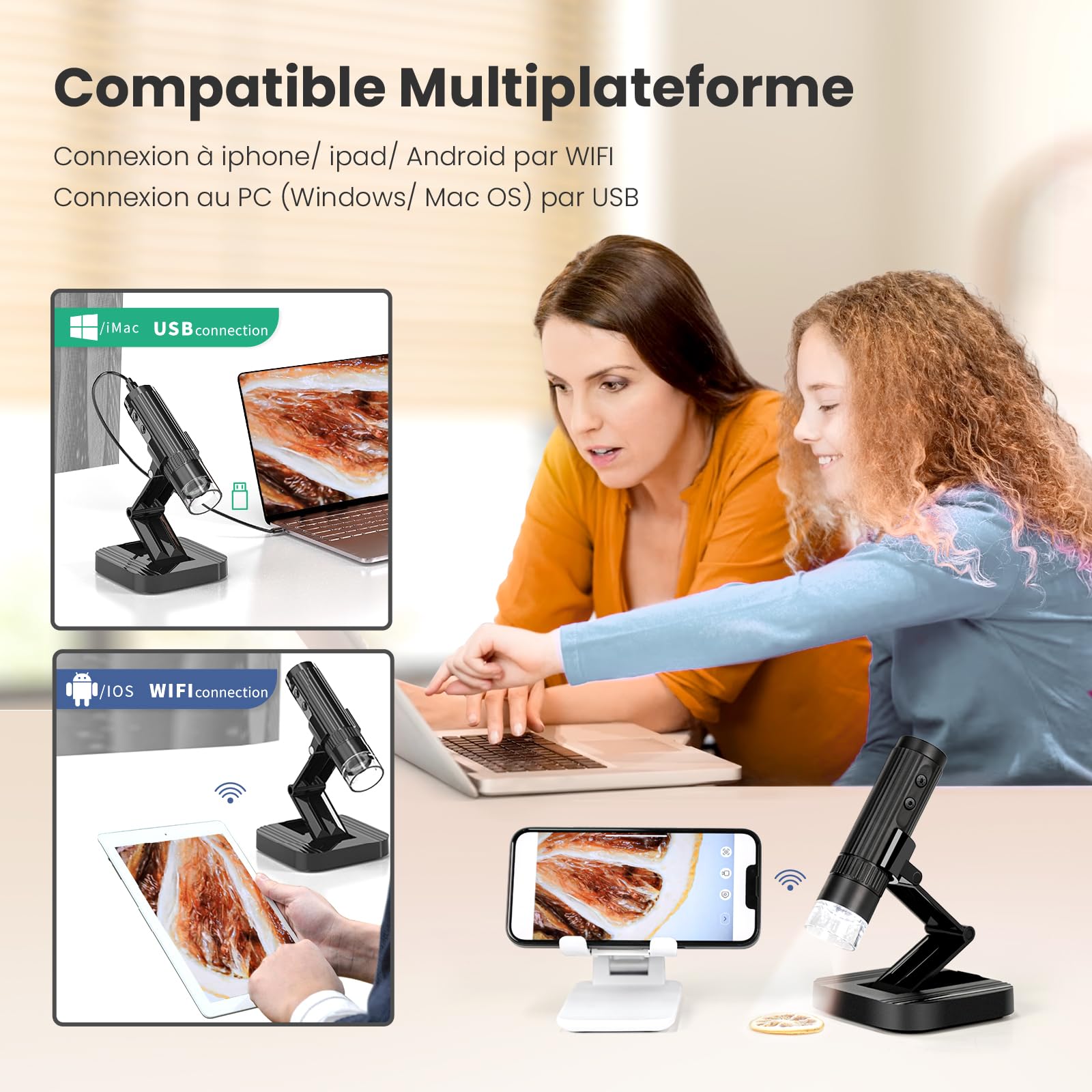 MatataStudio M2C Microscope Numérique sans Fil USB 50X-1000X WiFi 1080P LED Portable avec Support Réglable