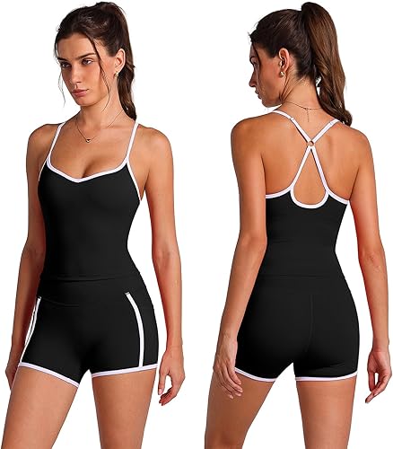 OMEWEE Women's workout sets Adjustable Spaghetti Straps Top and Collect Waist Shorts with Pockets yoga pilates outfits
