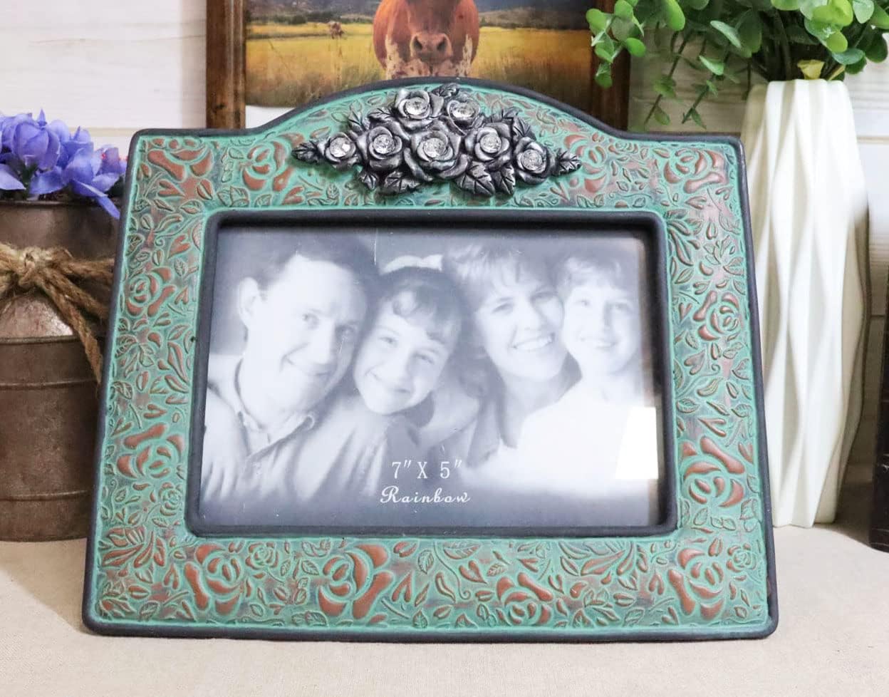 Ebros Gift Rustic Western Silver Roses Floral Arrangement With Scroll Lace Turquoise Patterns Sculpted Tooled Leather Easel Back Picture Frame for 5"X7" Photo Cabin Lodge Cottage Farm House Accent
