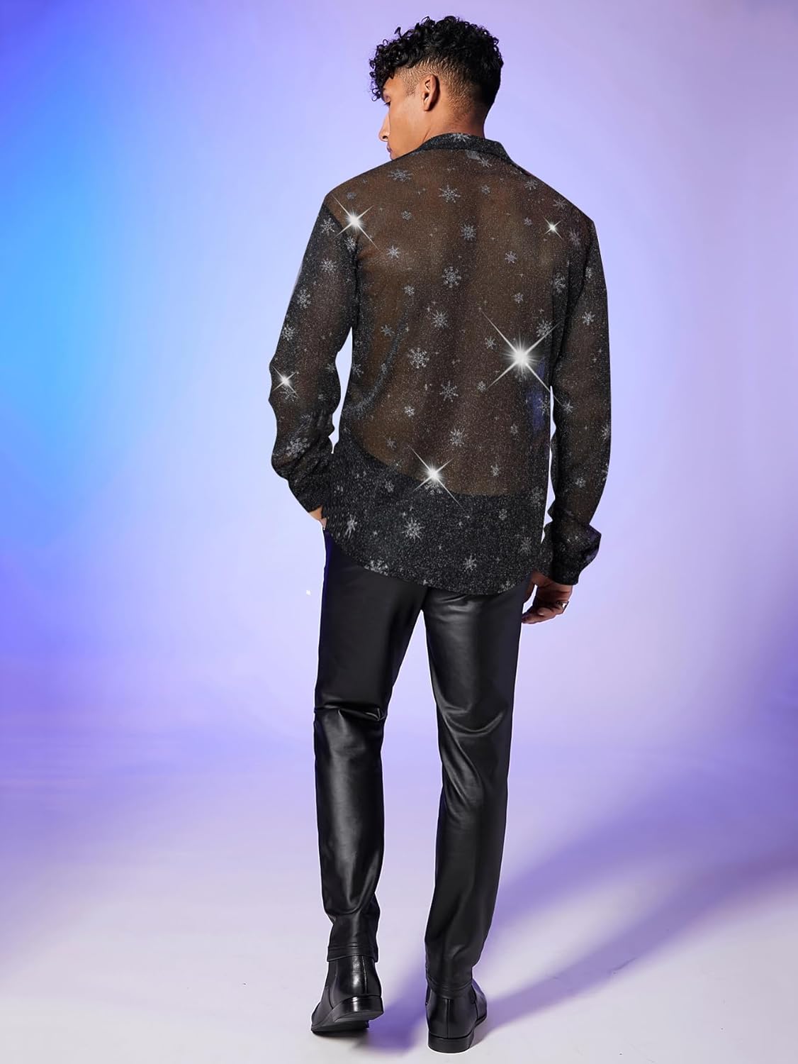OYOANGLE Men's Graphic Glitter Long Sleeve Button Down Shirts Sheer Collared Party Shirt Top Clubwear - Image 2