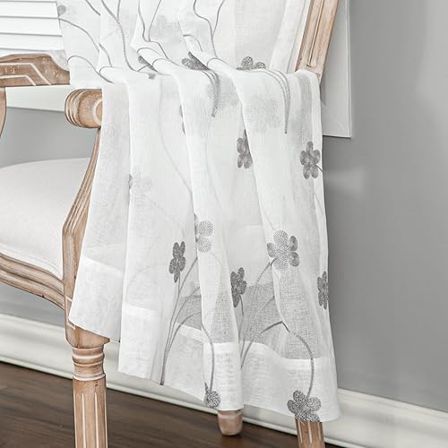 Miniatura 8 de Leeva Sheer Curtain Panels for Kids' Room, Embroidered Floral 96 Inch Long Semi Sheer Privacy Nature Linen Blend Drape, 2 Panels, Grey