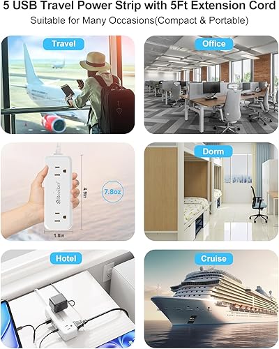 Miniatura 8 de Tira de alimentación de viaje de 5 USB (3 USB), cable de extensión corto de 5 pies con 5 estaciones de carga USB de 24 W4.8 A y 4 salidas anchas,