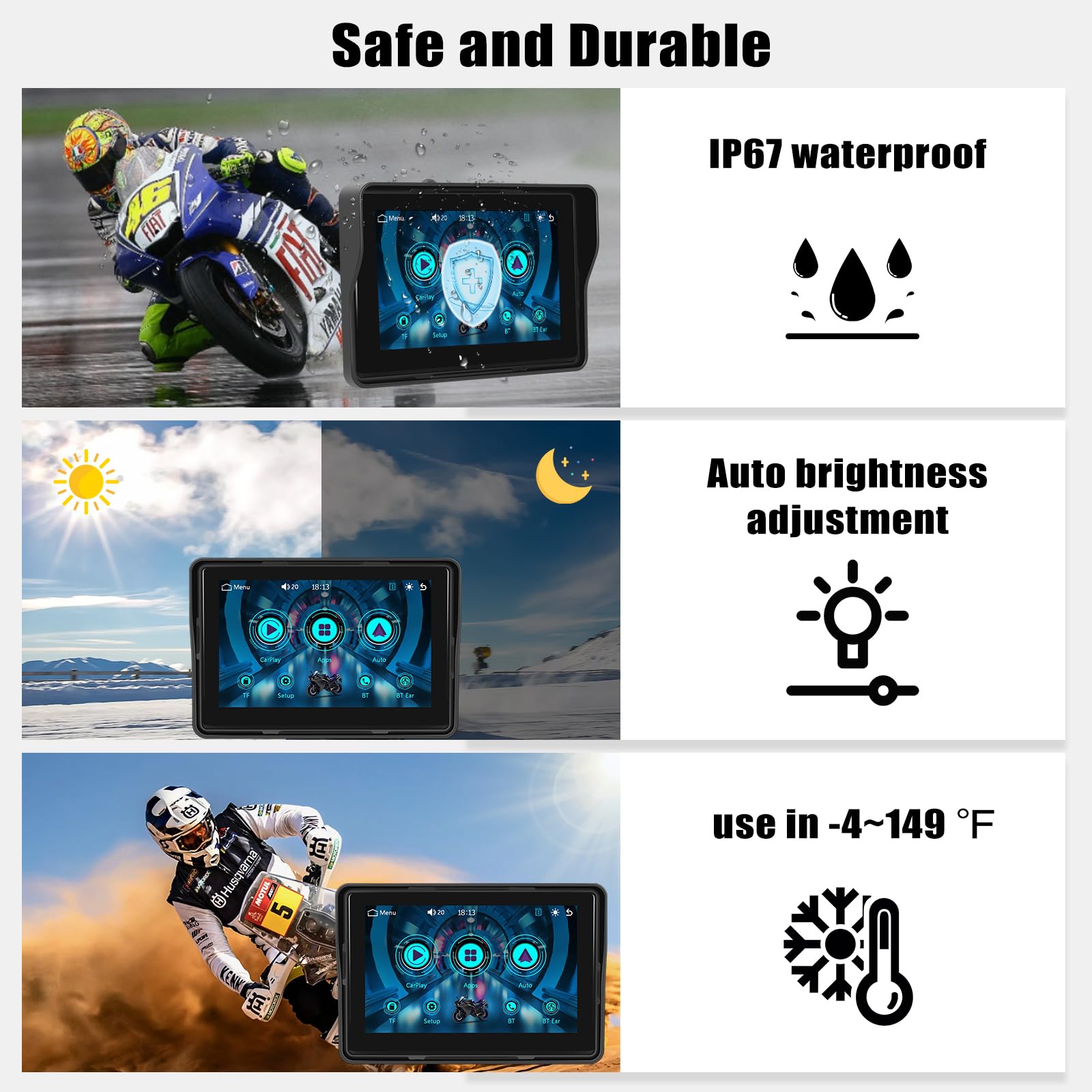 CAMECHO [2025] Carplay Motorbike Navi Schermo per Moto, 5 Pollici HD Touch Screen Impermeabile Dispositivi di Navigazione Moto con Seenza Fili Carplay Android Auto Bluetooth Display avec GPS FM EQ